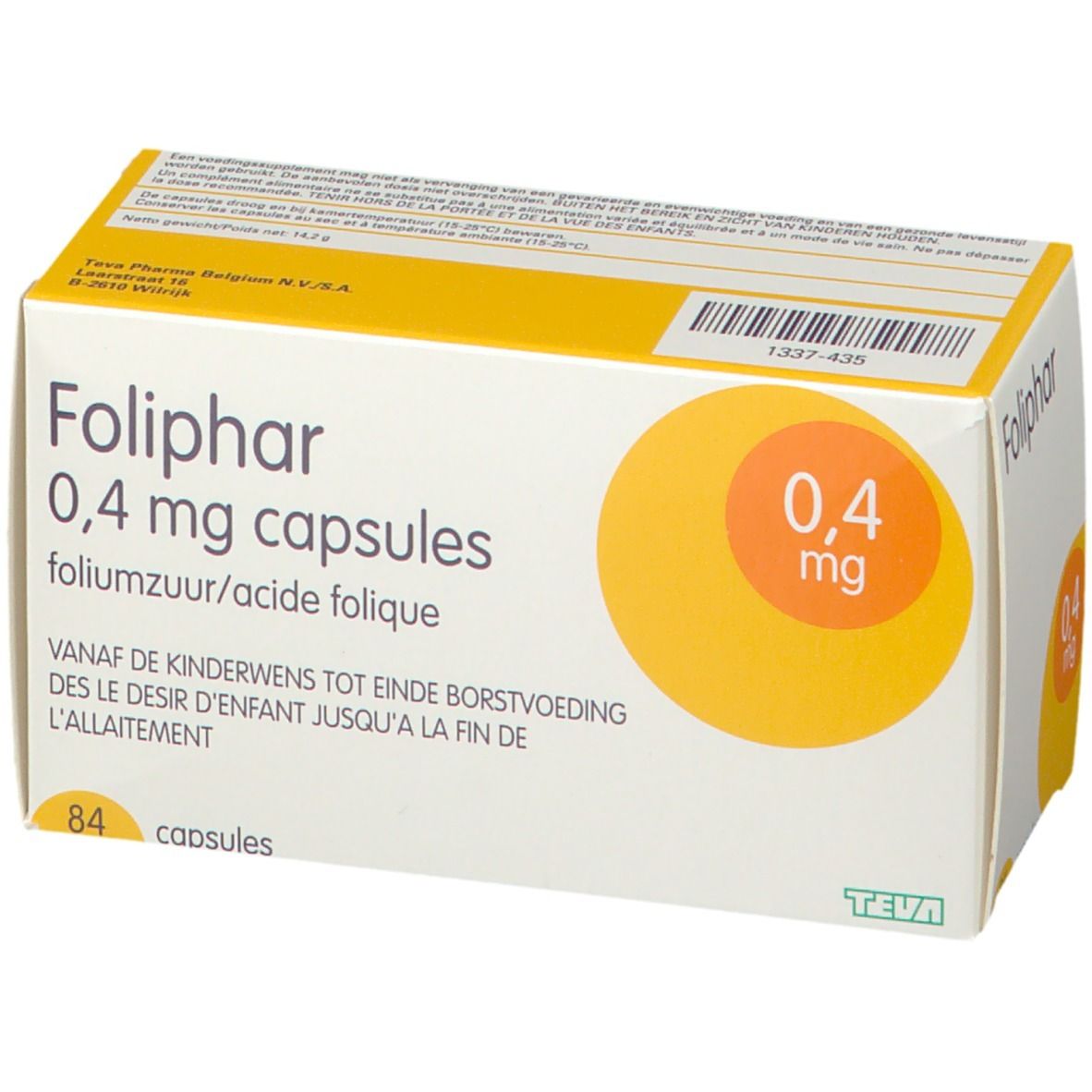 Boîte Foliphar 0,4 mg capsules. Cercle jaune avec 0,4 mg. Texte: acide folique, 84 capsules.