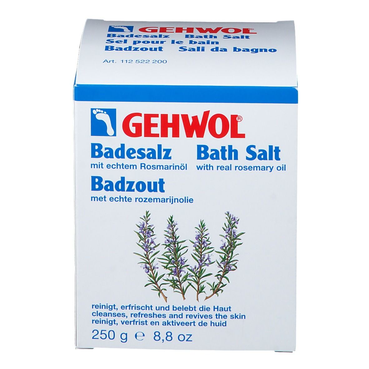Boîte blanche et bleue. Inscription GEHWOL, Sel de bain, huile de romarin. Illustration de romarin. 250 g.