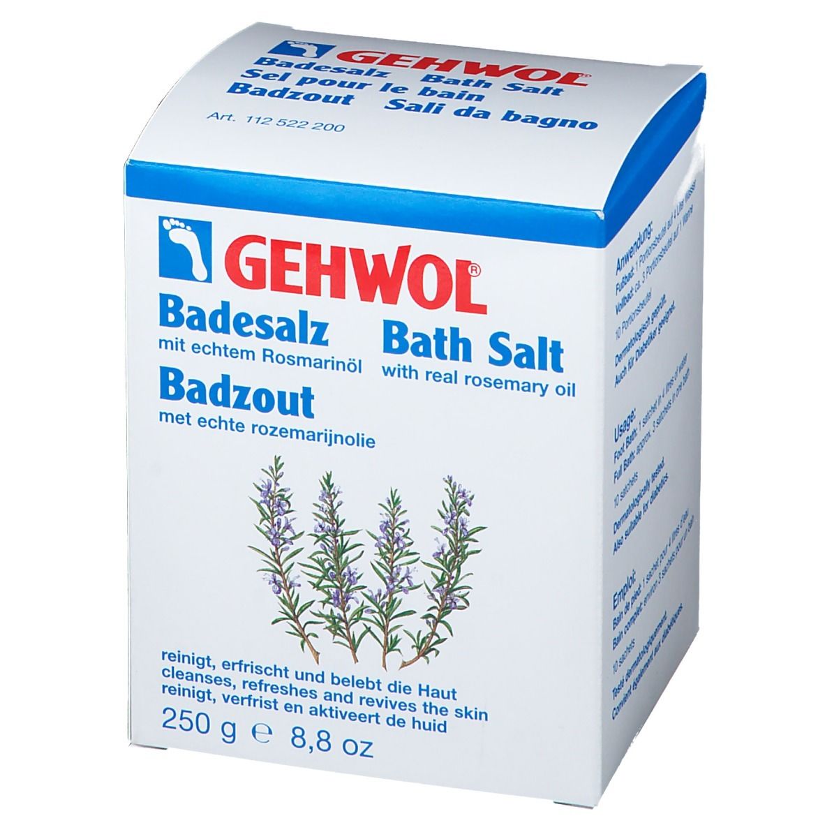 Boîte blanche et bleue. Inscription GEHWOL, Sel de bain, huile de romarin. Illustration de romarin. 250 g.