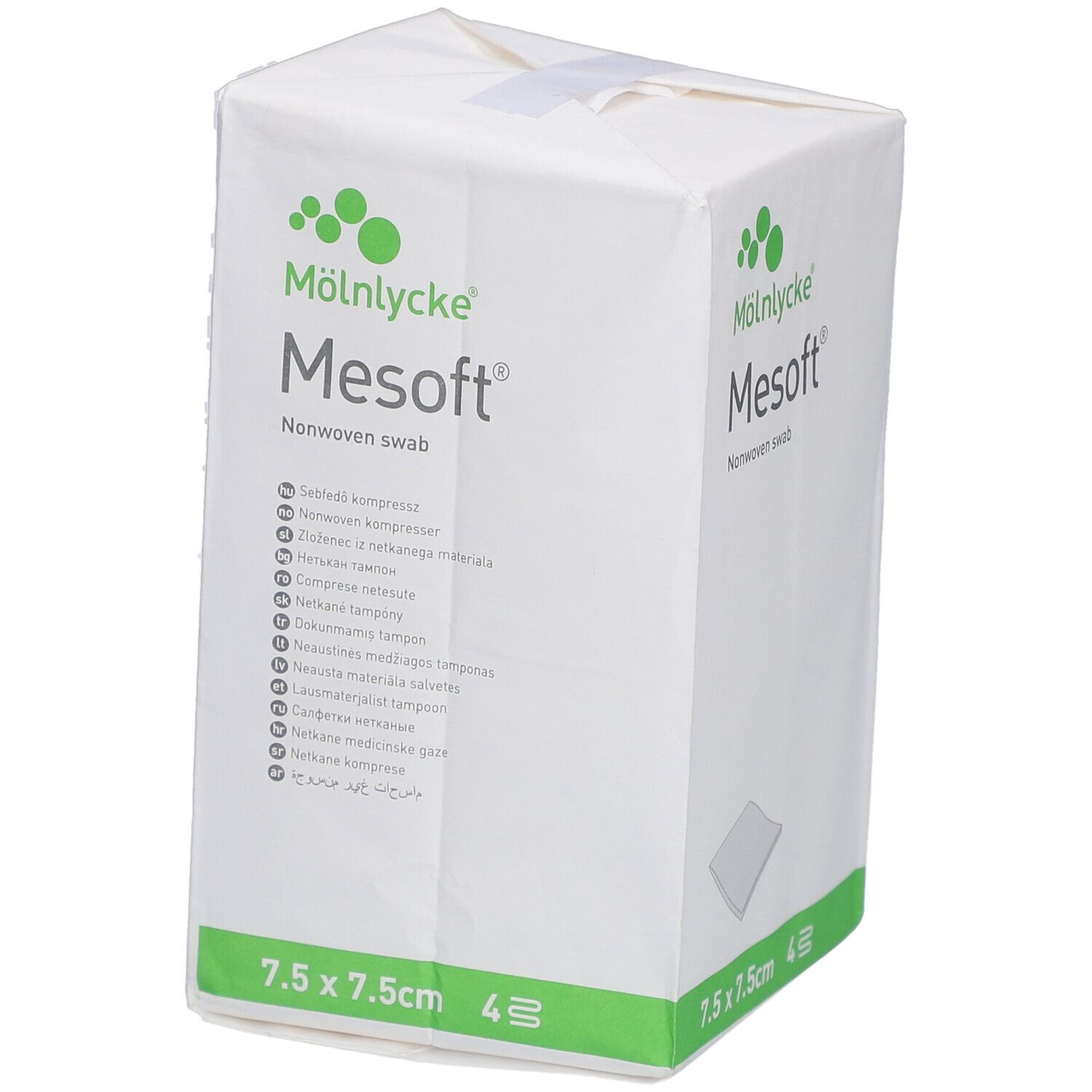 Verpakking van Mesoft kompressen. Afmeting 7,5 x 7,5 cm. 4 stuks. Meertalige teksten.
