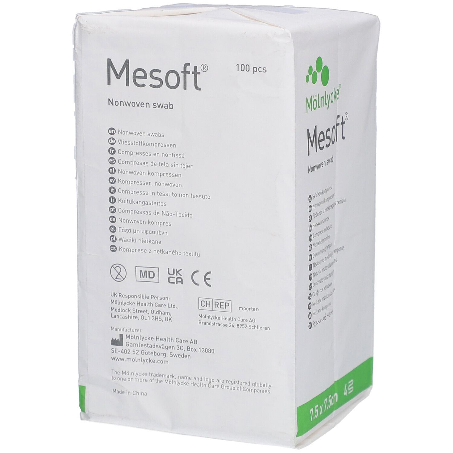 Verpakking van Mesoft kompressen. 100 stuks. Merk Mölnlycke. Afmeting 7,5 x 7,5 cm.