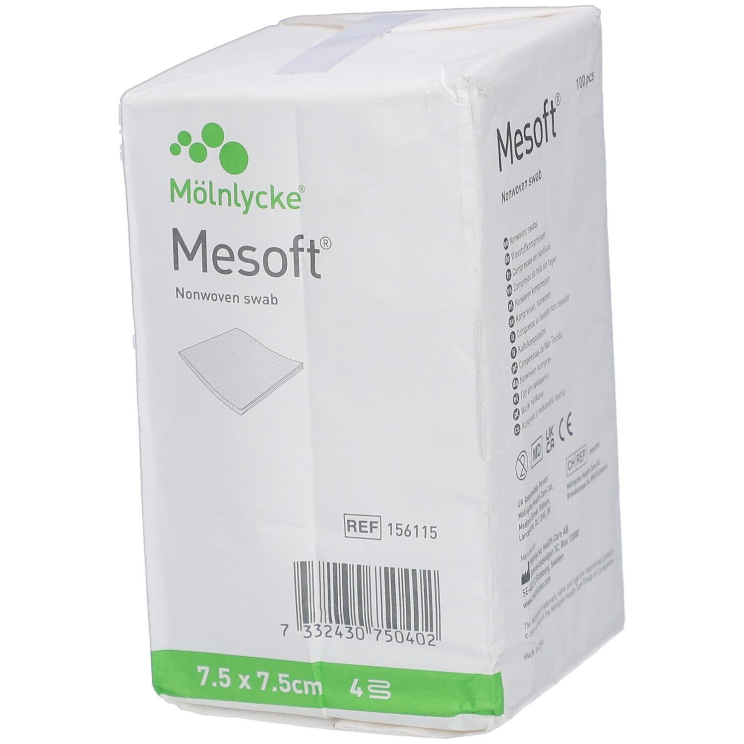 Verpakking van Mesoft kompressen. Afmeting 7,5 x 7,5 cm. 4 stuks. REF-nummer. Merk Mölnlycke.
