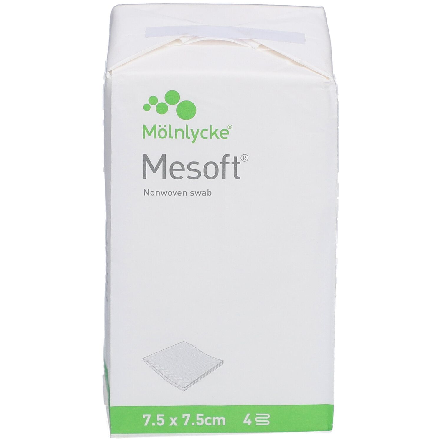 Verpakking van Mesoft kompressen. Afmeting 7,5 x 7,5 cm. 4 stuks. Merk Mölnlycke.