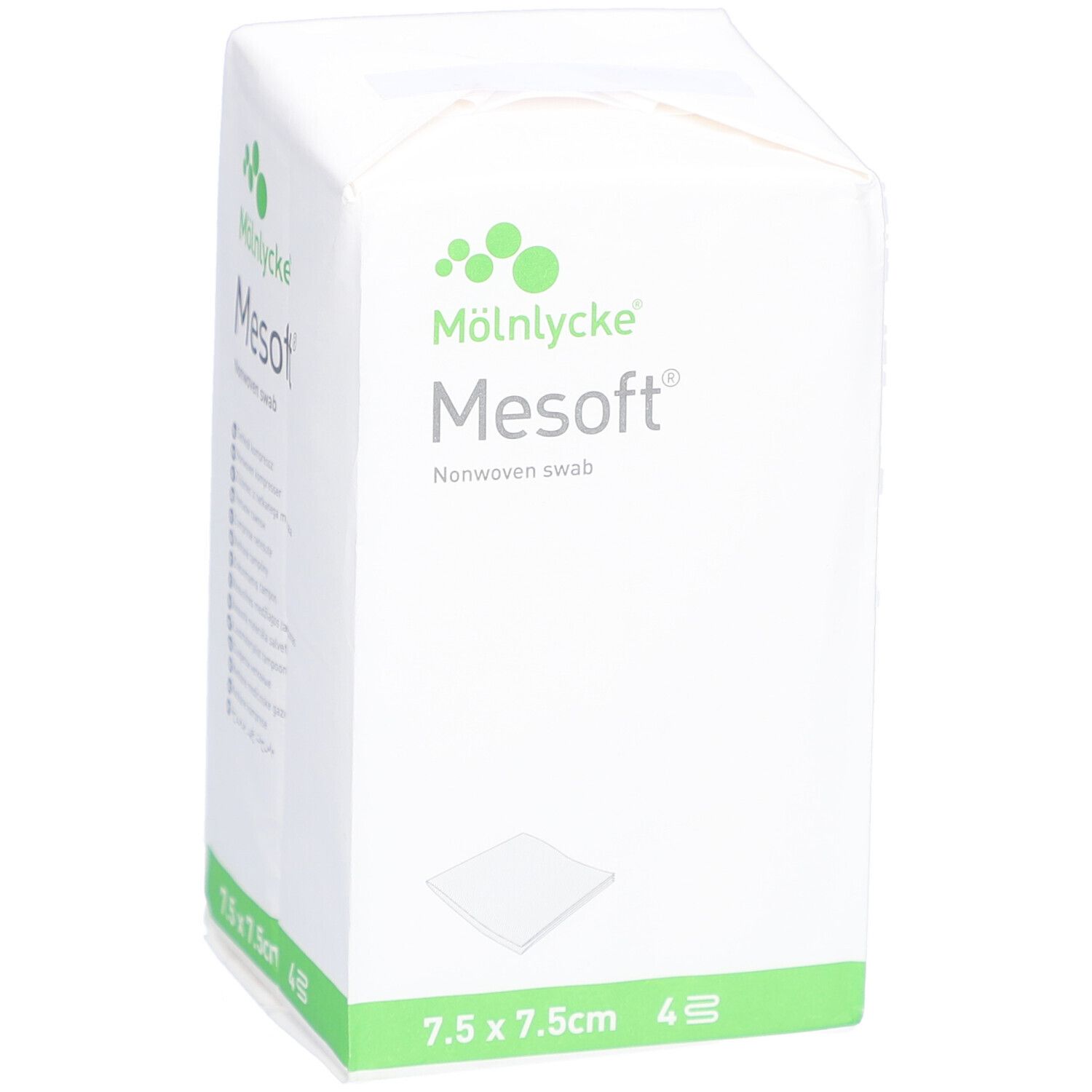 Verpakking van Mesoft kompressen. Afmeting 7,5 x 7,5 cm. 4 stuks. Merk Mölnlycke.