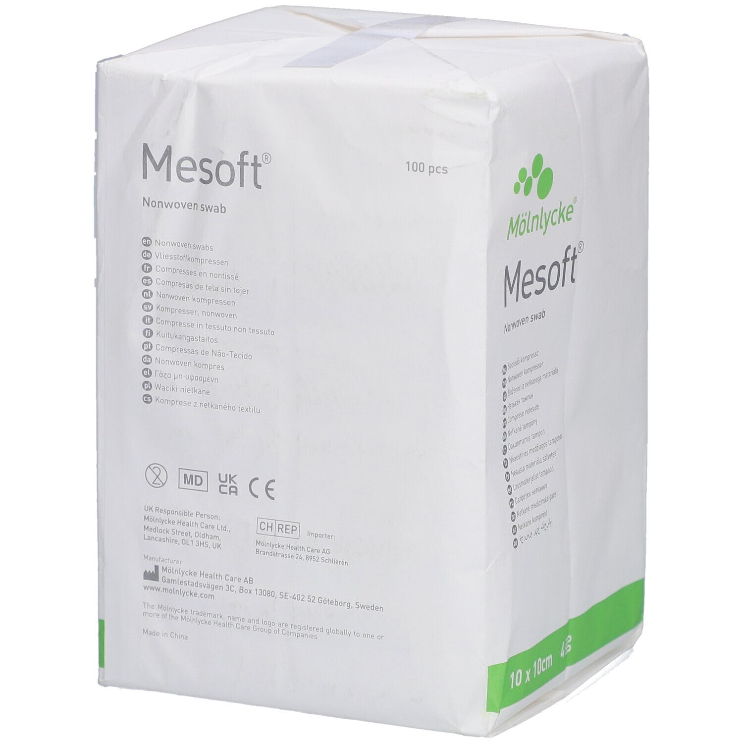Verpackung von Mesoft® Vliesstoff-Polster. Weiß mit grünen Akzenten. Logo Mölnlycke, Produktbezeichnung Mesoft®, und Text. 100 Stück.