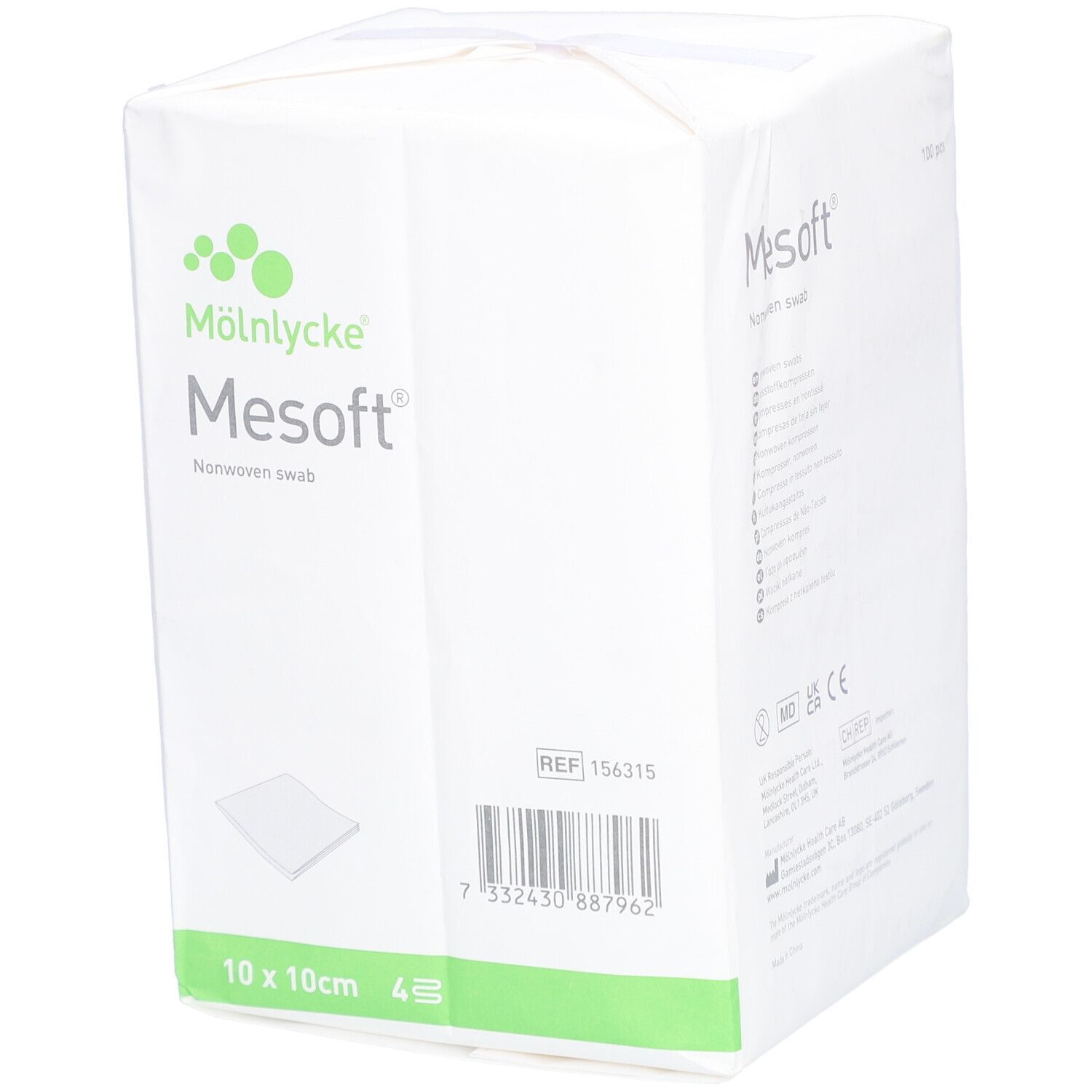 Verpackung von Mesoft® Vliesstoff-Polster 10 x 10 cm. Weiß mit grünem Akzent. Logo Mölnlycke und Produktbezeichnung Mesoft®.