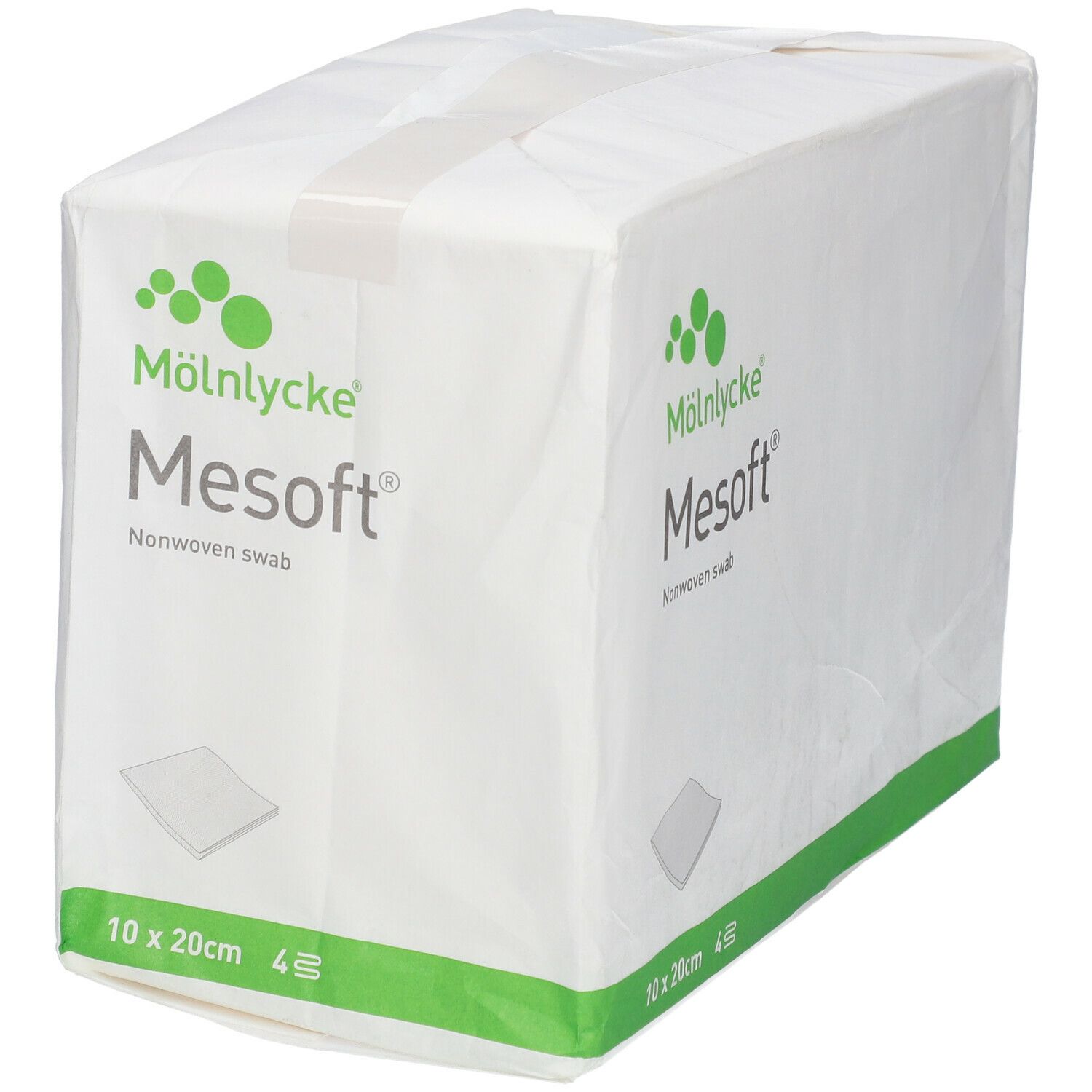 Verpackung von Mesoft Wundauflage. Aufdruck: Mölnlycke, Mesoft, Nonwoven swab, 10 x 20cm, 4 Stück.