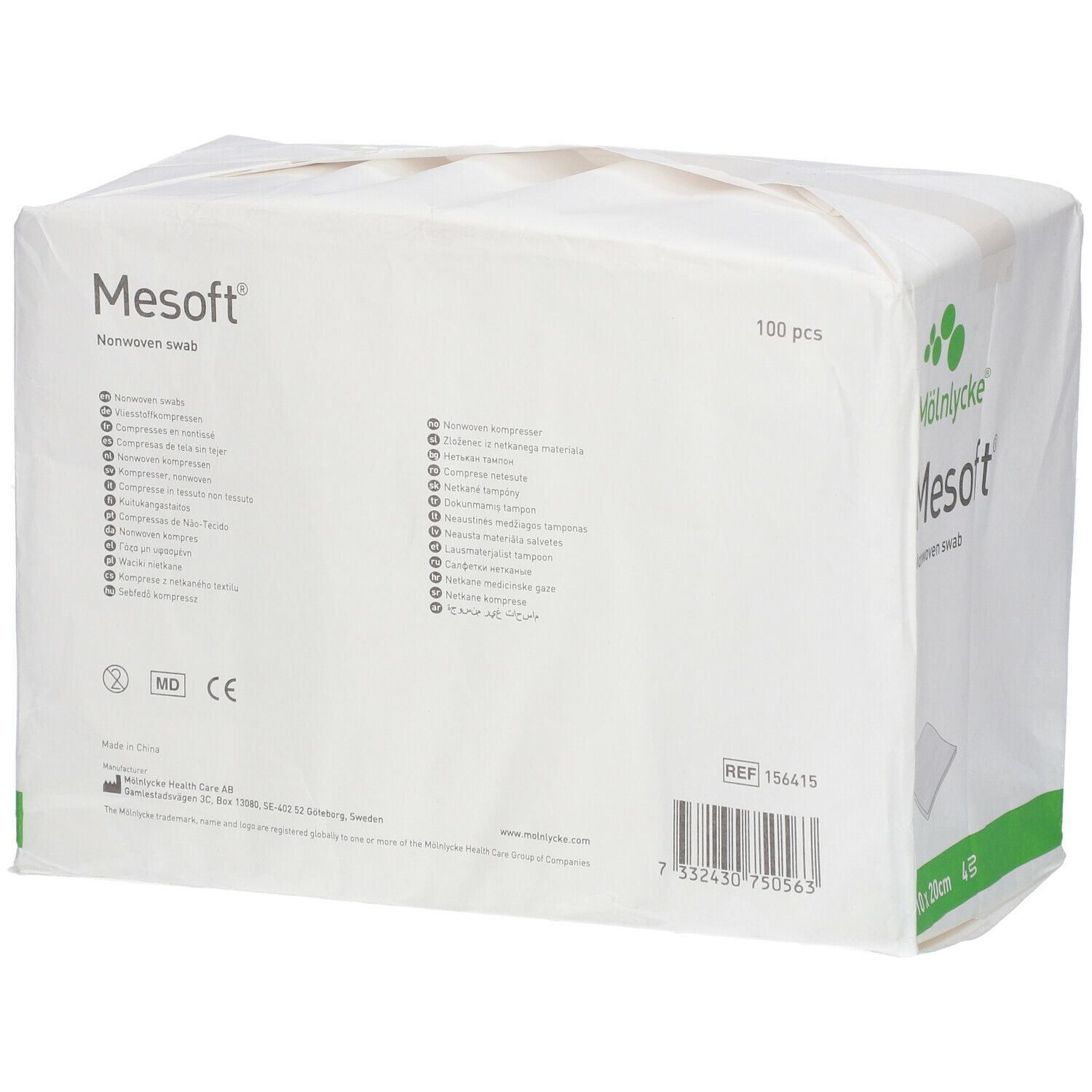 Rückseite der Mesoft Verpackung. Aufdruck: Mölnlycke, Mesoft, Nonwoven swab, 100 Stück, CE-Zeichen.
