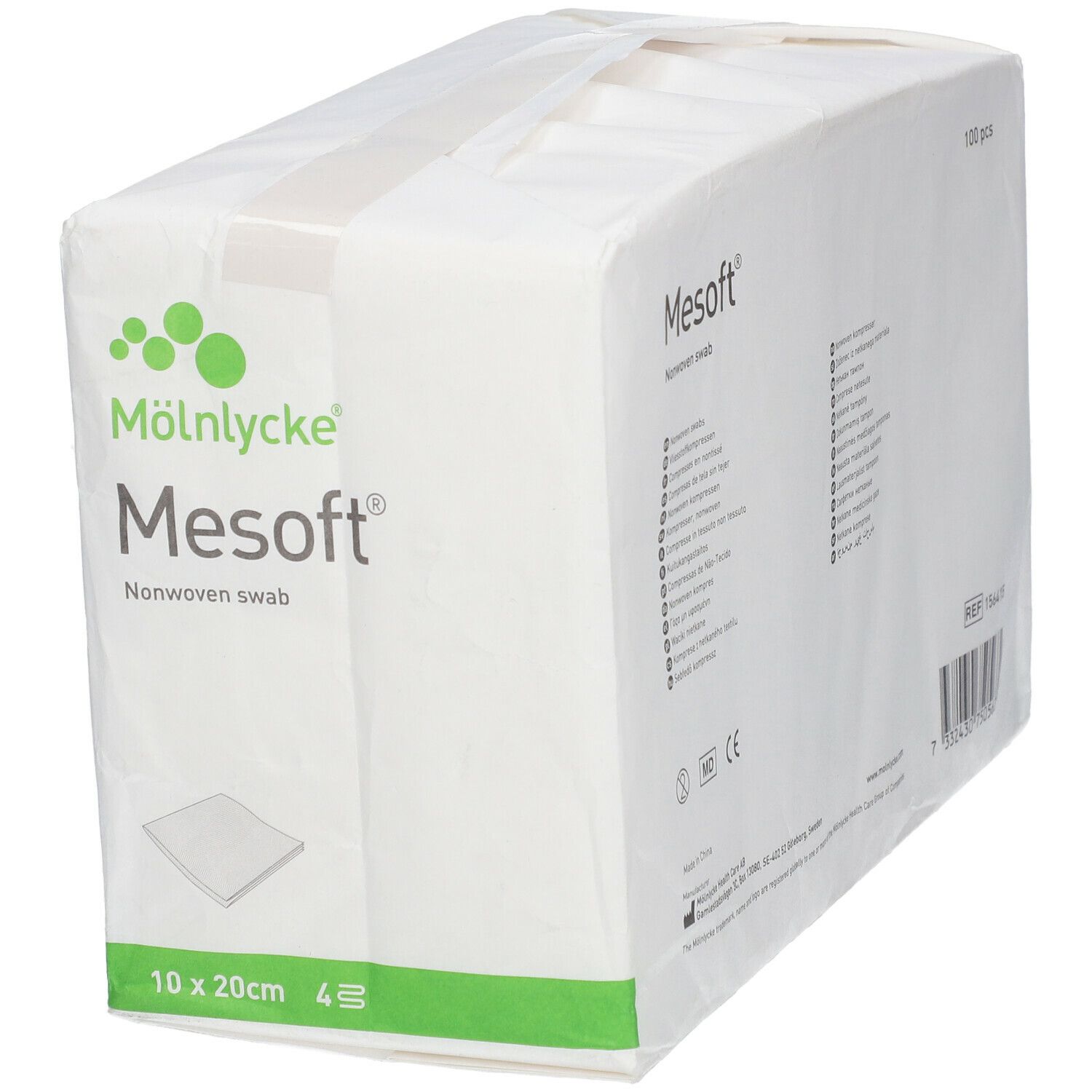 Verpackung von Mesoft Wundauflage. Aufdruck: Mölnlycke, Mesoft, Nonwoven swab, 10 x 20cm, 4 Stück.
