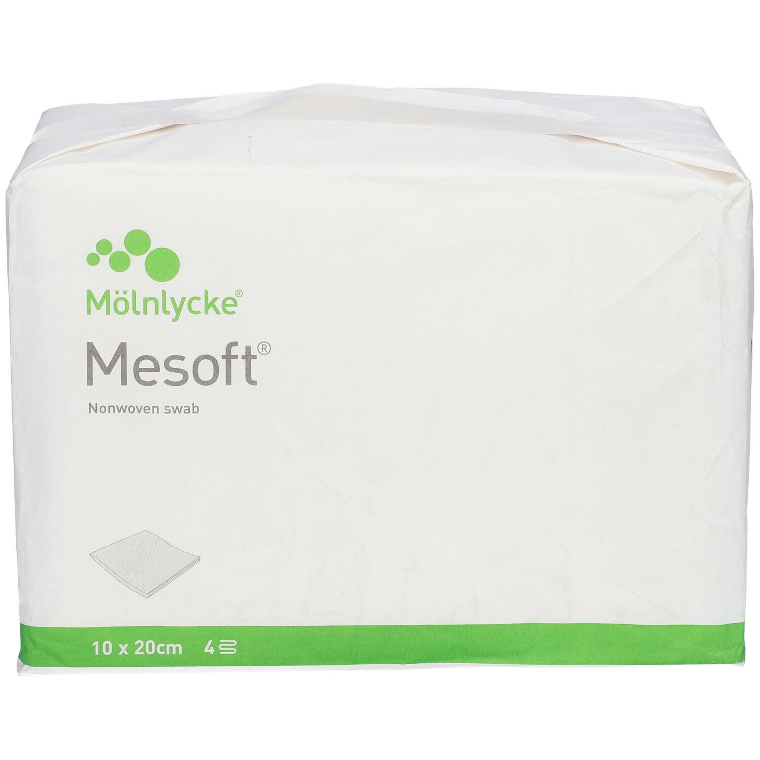 Verpackung von Mesoft Wundauflage. Aufdruck: Mölnlycke, Mesoft, Nonwoven swab, 10 x 20cm, 4 Stück.
