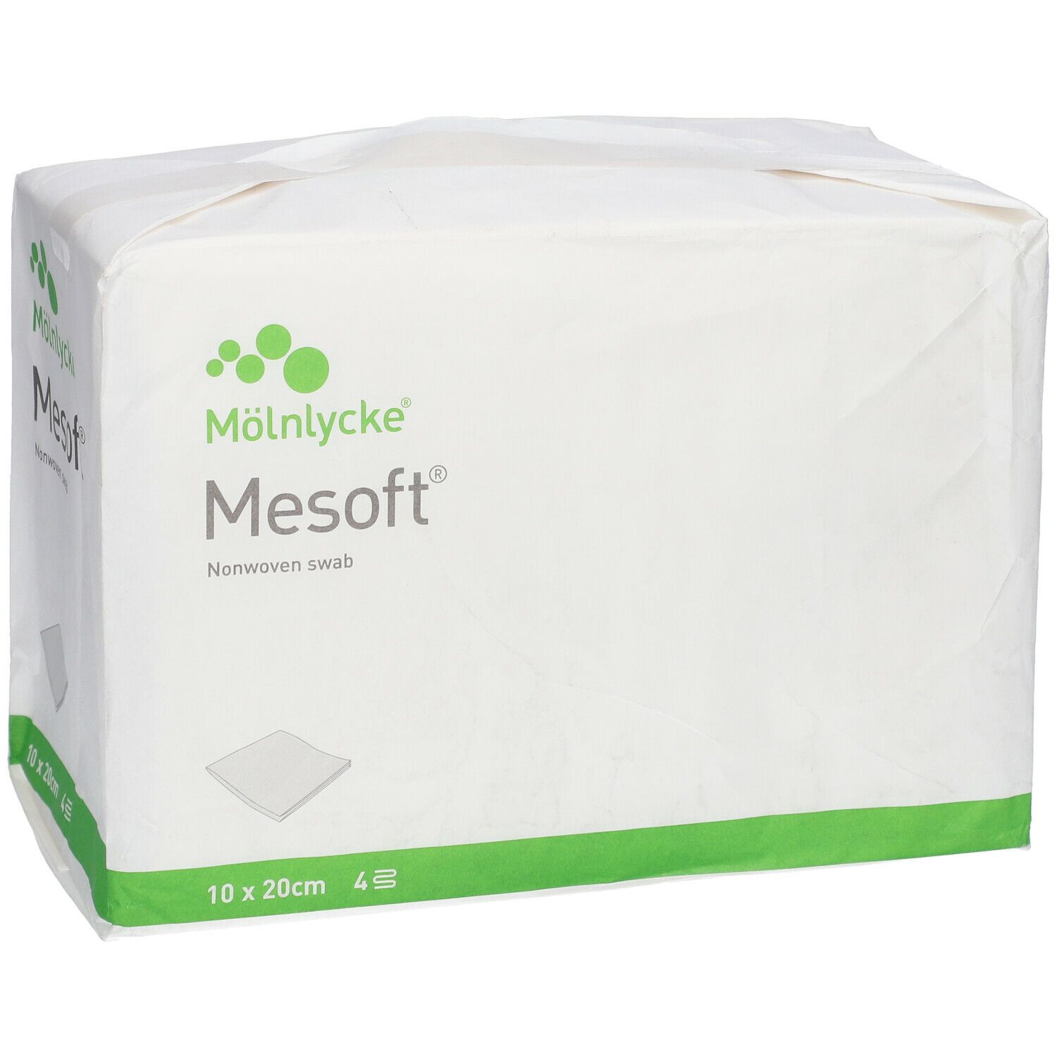 Verpackung von Mesoft Wundauflage. Aufdruck: Mölnlycke, Mesoft, Nonwoven swab, 10 x 20cm, 4 Stück.