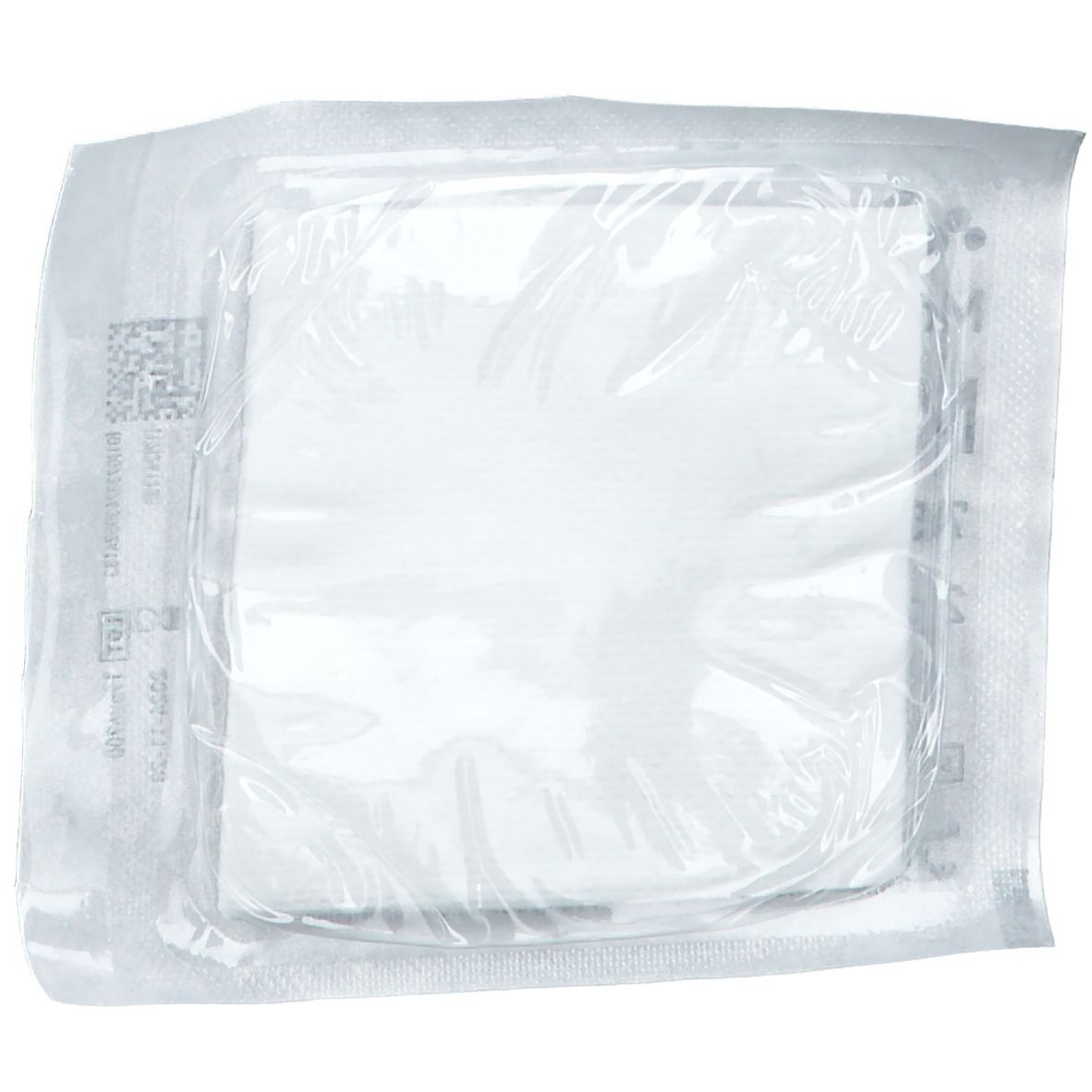Compresse carrée emballée individuellement. Emballage plastique transparent.