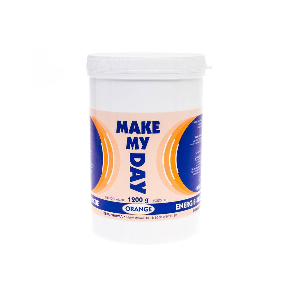 Récipient blanc avec couvercle. Étiquette avec "MAKE MY DAY" et "Orange". Logo DeBa Pharma.