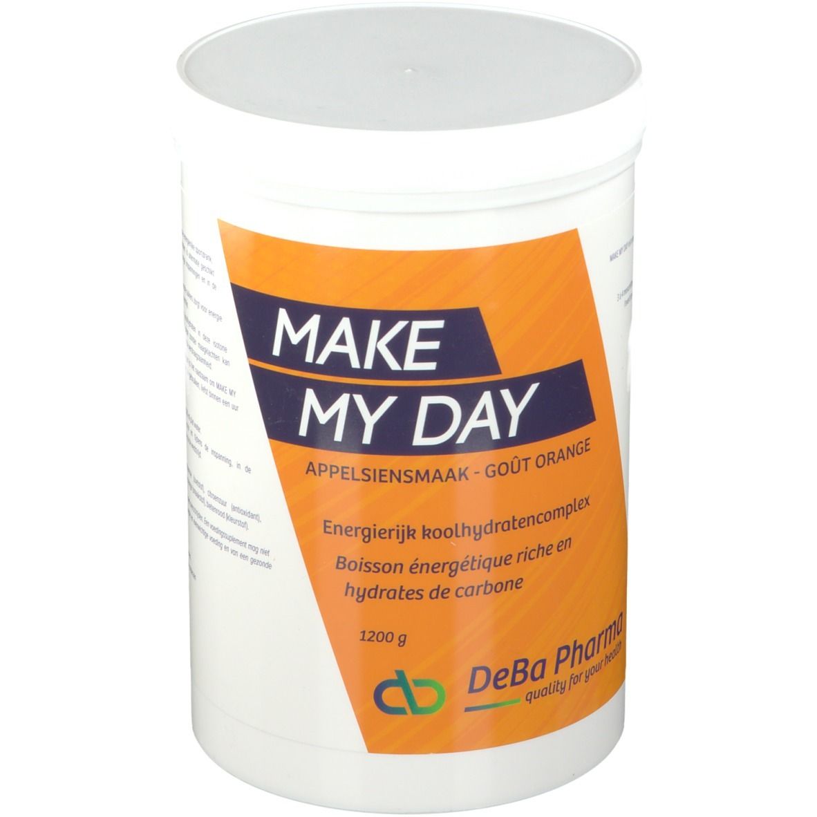 Récipient blanc avec couvercle. Étiquette avec "MAKE MY DAY", "Appelsiensmaak - Goût Orange" et "1200 g". Logo DeBa Pharma.