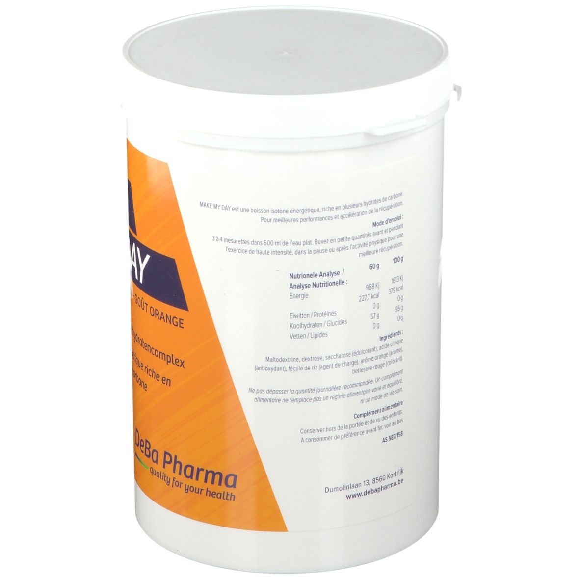 Récipient blanc avec couvercle. Dos avec analyse nutritionnelle et texte. Logo DeBa Pharma. Poids : 1200 g.