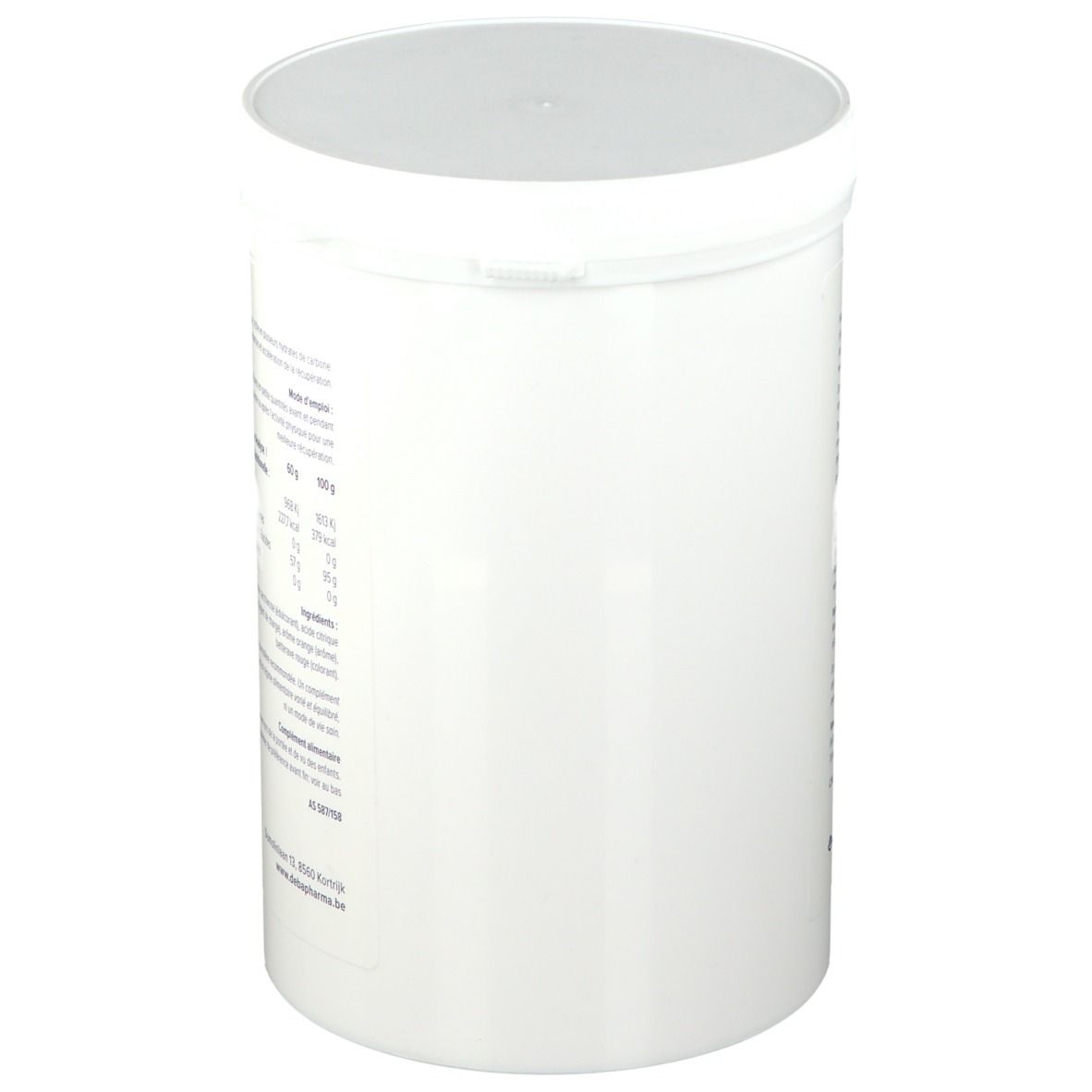 Récipient cylindrique blanc avec couvercle. Aucune étiquette ou logo visible.