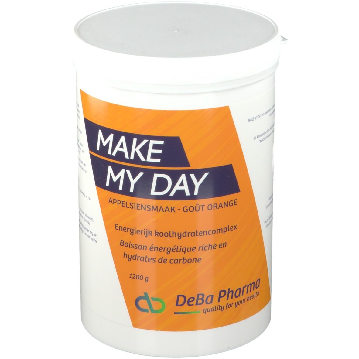 Récipient blanc avec couvercle. Étiquette avec "MAKE MY DAY", "Appelsiensmaak - Goût Orange" et "1200 g". Logo DeBa Pharma.