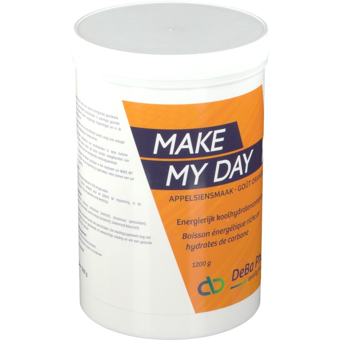 Récipient blanc avec couvercle. Étiquette avec "MAKE MY DAY", "Appelsiensmaak - Goût Orange" et "1200 g". Logo DeBa Pharma.
