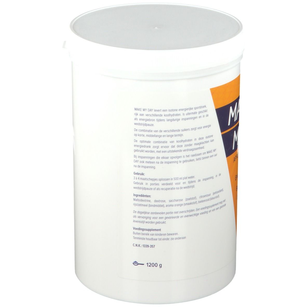 Récipient blanc avec couvercle. Dos avec texte et informations nutritionnelles. Poids : 1200 g.