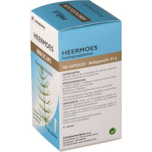 Boîte bleu et blanche HeerMoes Arkocaps. Inscription: Arkopharma, 150 capsules, Reminéralisation. Complément alimentaire.