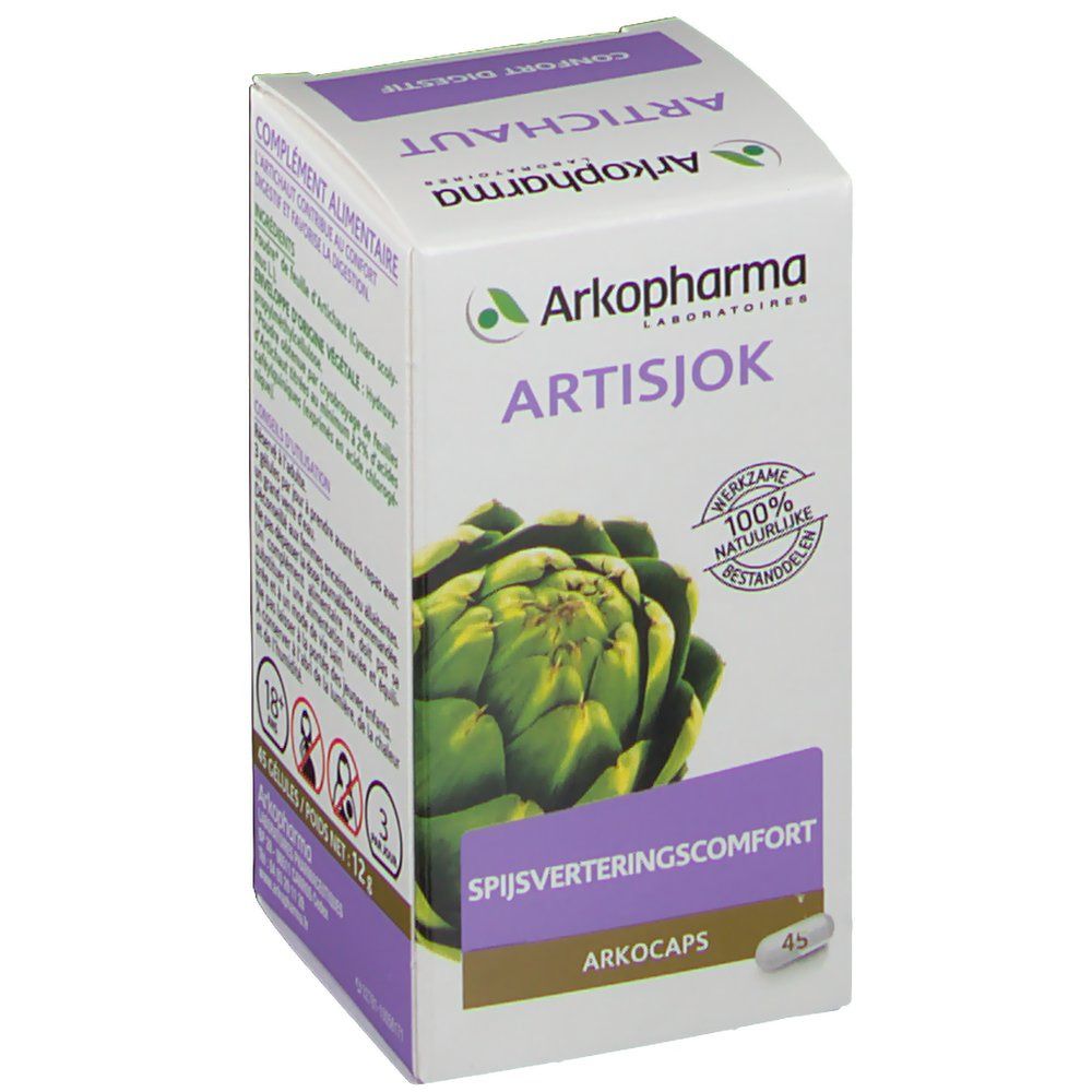 Doosje Arkogelules Artichaut Vegetal. Opschrift: Artisjok, 45 capsules, 12g. Illustratie van een artisjok.