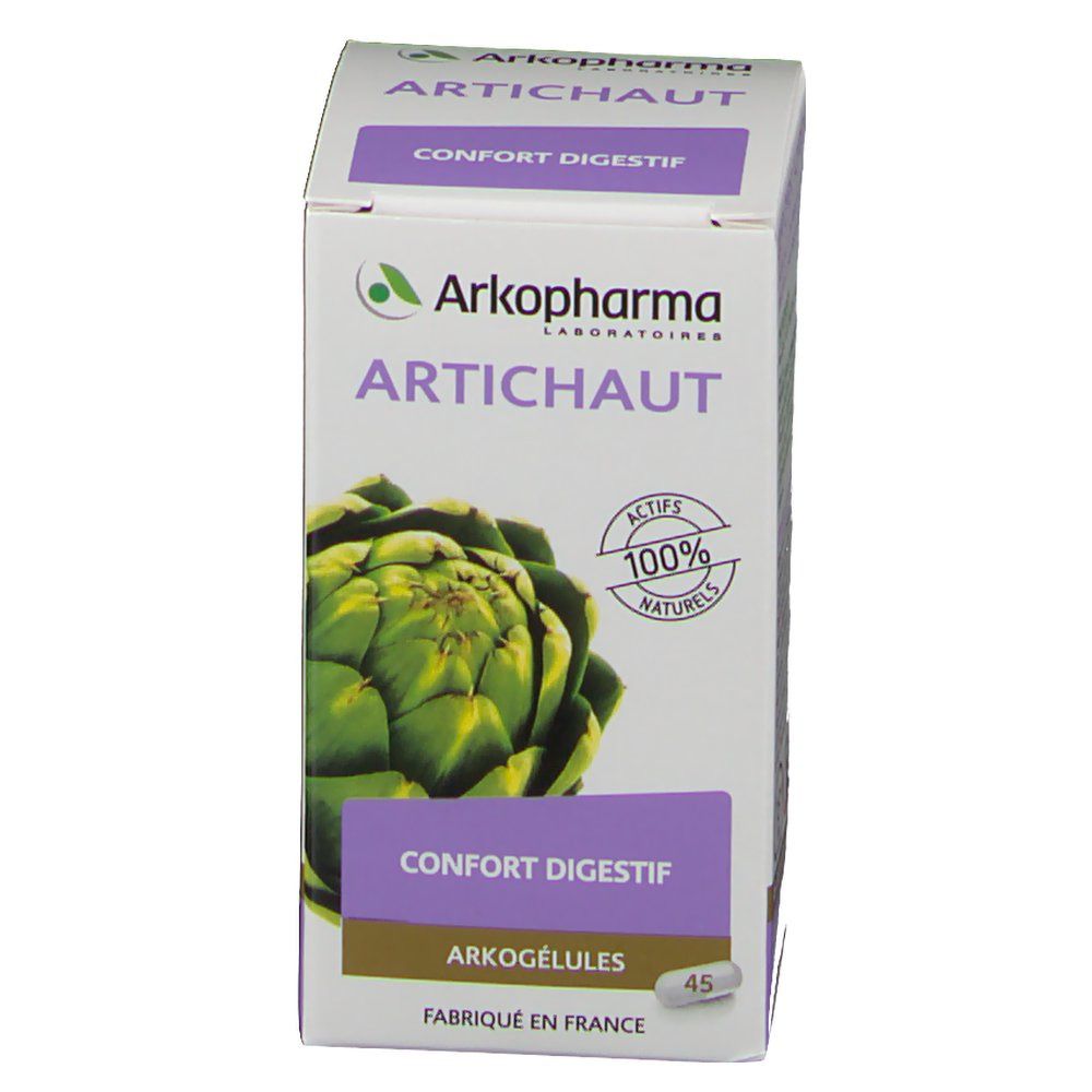 Doosje Arkogelules Artichaut Vegetal. Opschrift: Artichaut, 45 capsules, 12g. Illustratie van een artisjok.