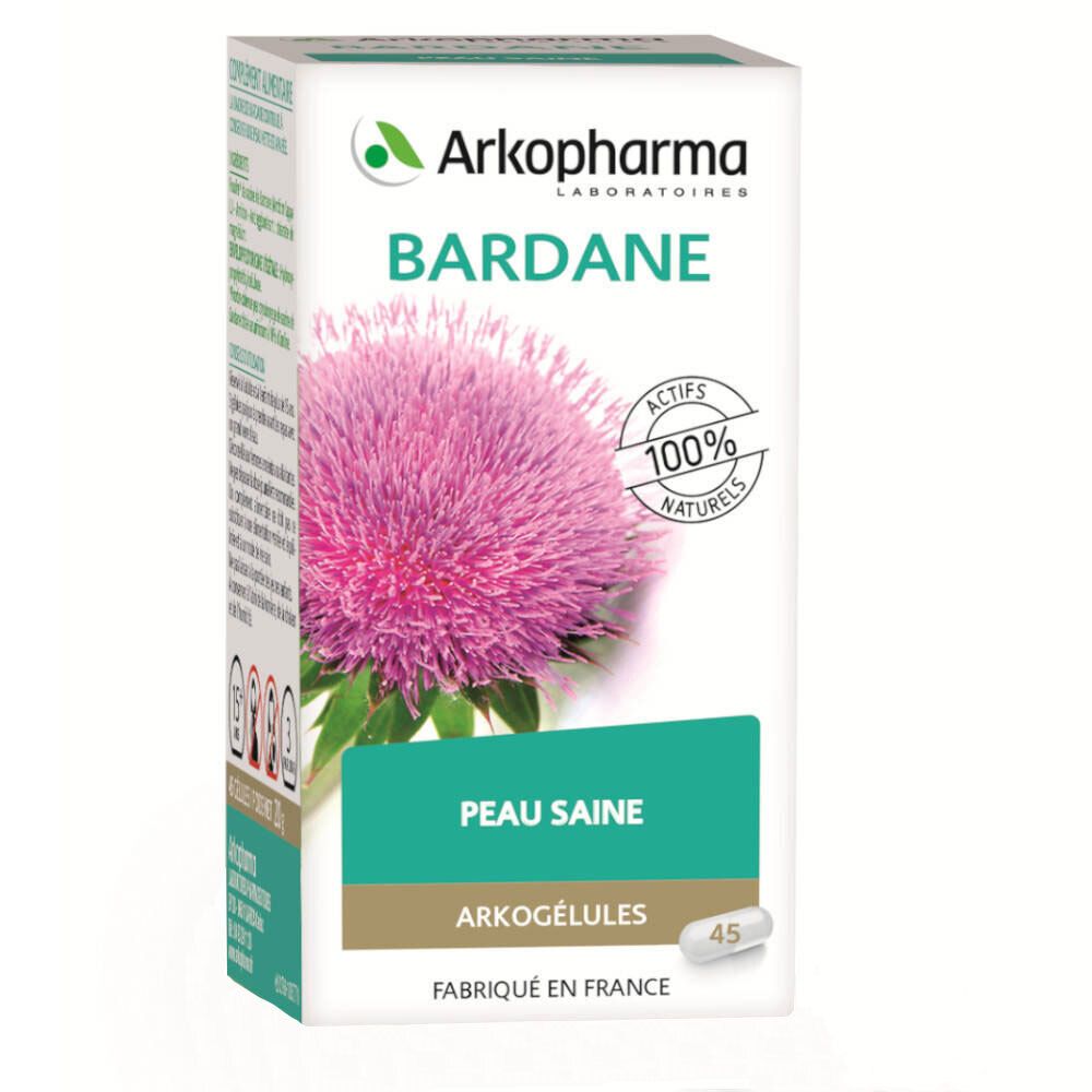 Boîte Arkogelules Bardane. Inscription : Bardane, Peau Saine, 45 gélules, 100% naturels. Illustration d'une fleur de bardane.