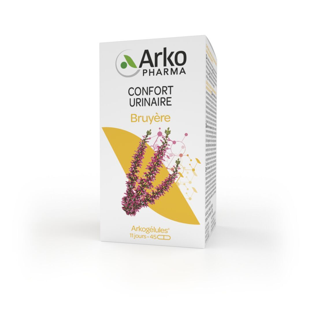Emballage produit. Boîte blanche avec logo, nom du produit et illustration florale. 45 gélules.