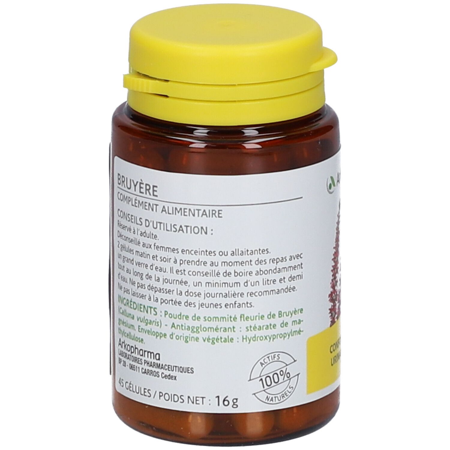 Flacon marron avec bouchon jaune. Étiquette avec informations produit et ingrédients. 45 gélules, 16g.