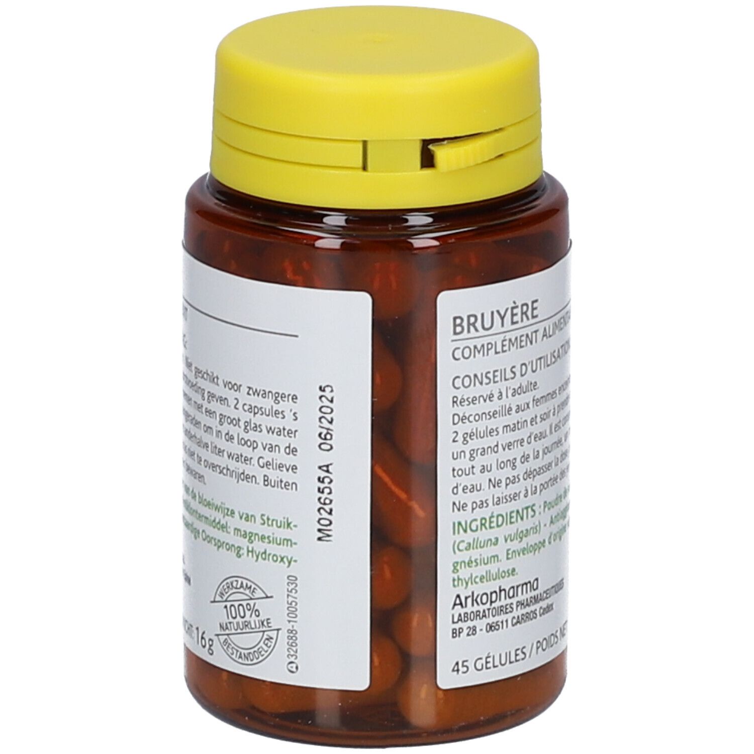 Flacon marron avec bouchon jaune. Étiquette avec informations produit et date de péremption. 45 gélules, 16g.