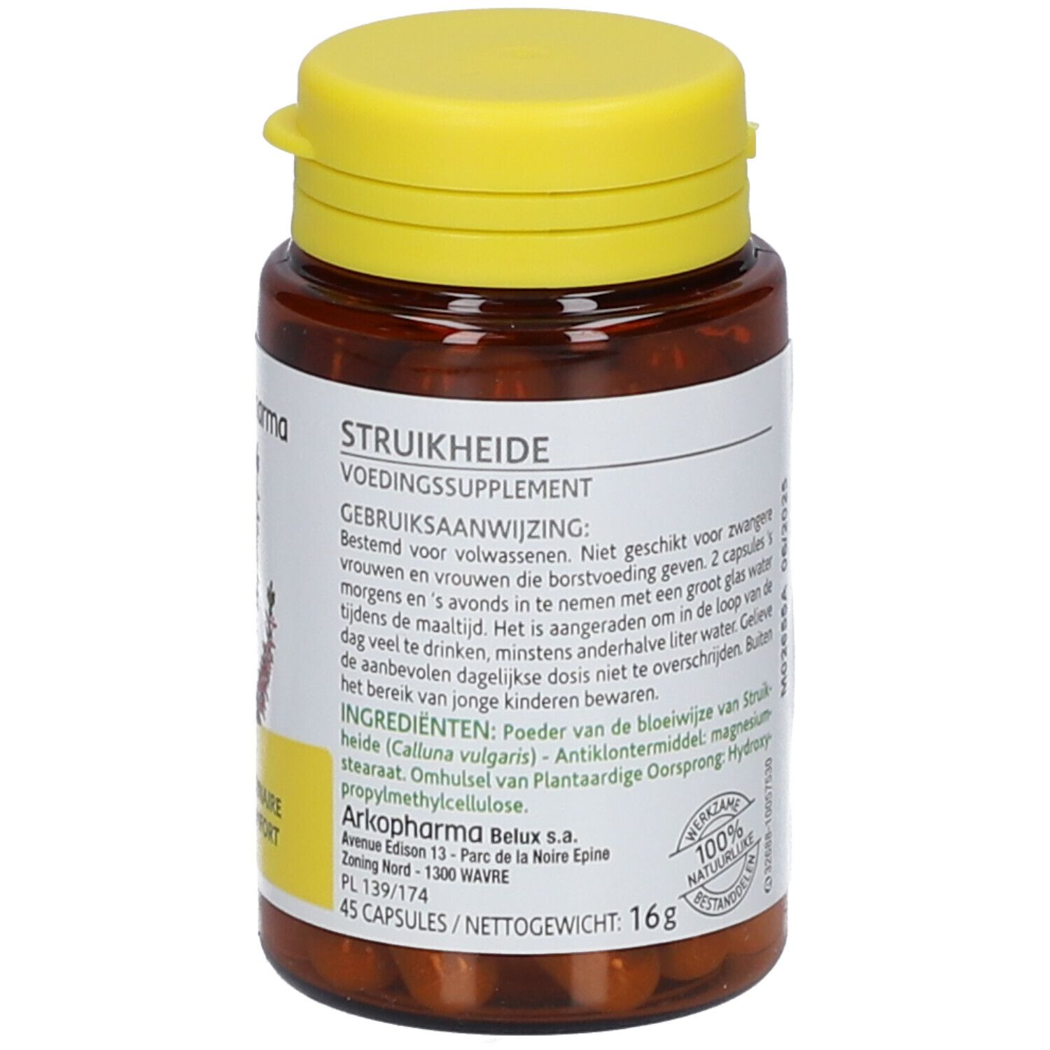 Flacon marron avec bouchon jaune. Étiquette avec informations produit et ingrédients. 45 gélules, 16g.