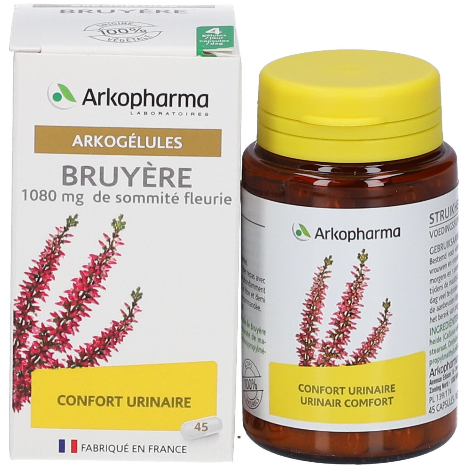 Emballage produit avec flacon et boîte. Boîte avec logo, nom du produit et illustration florale. 45 gélules.