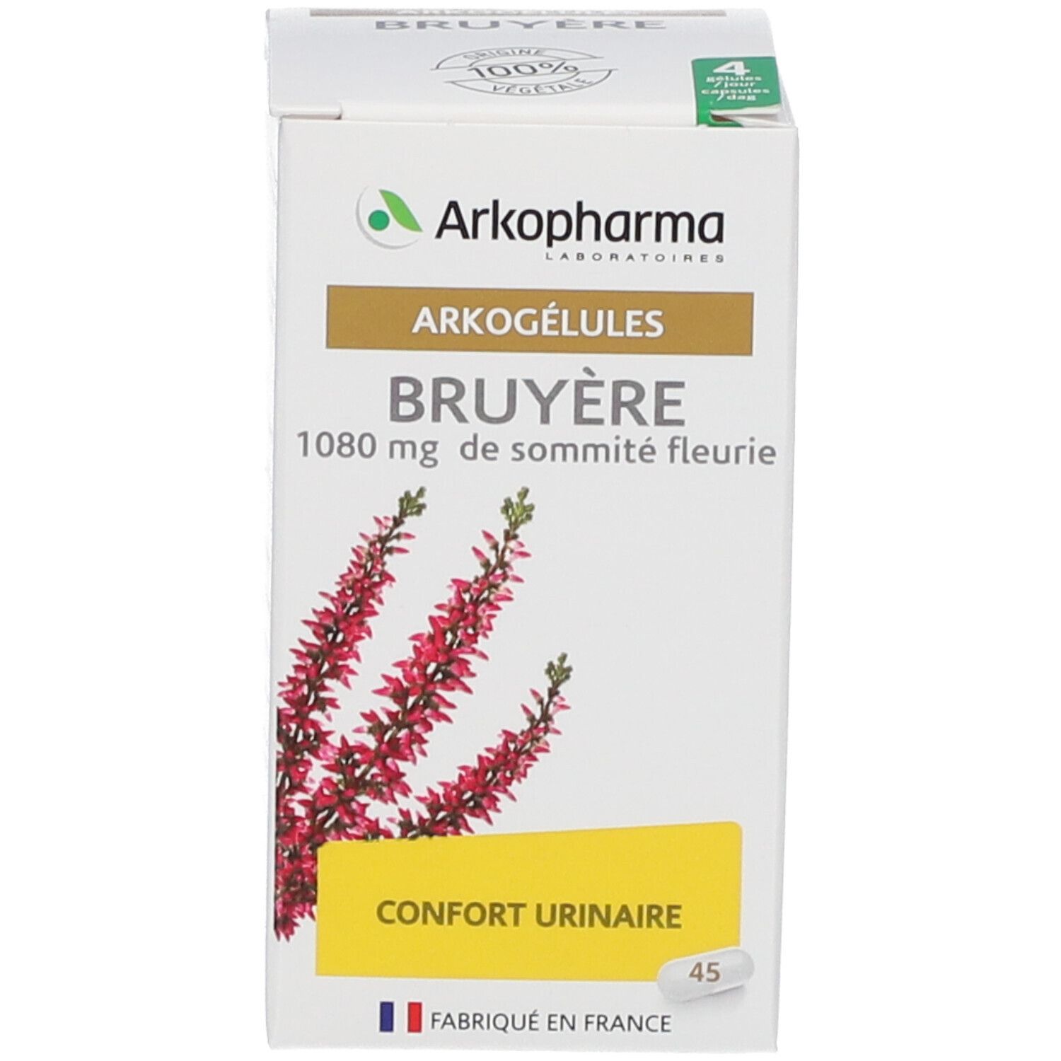 Emballage produit. Boîte avec logo, nom du produit et illustration florale. 45 gélules. Fabriqué en France.