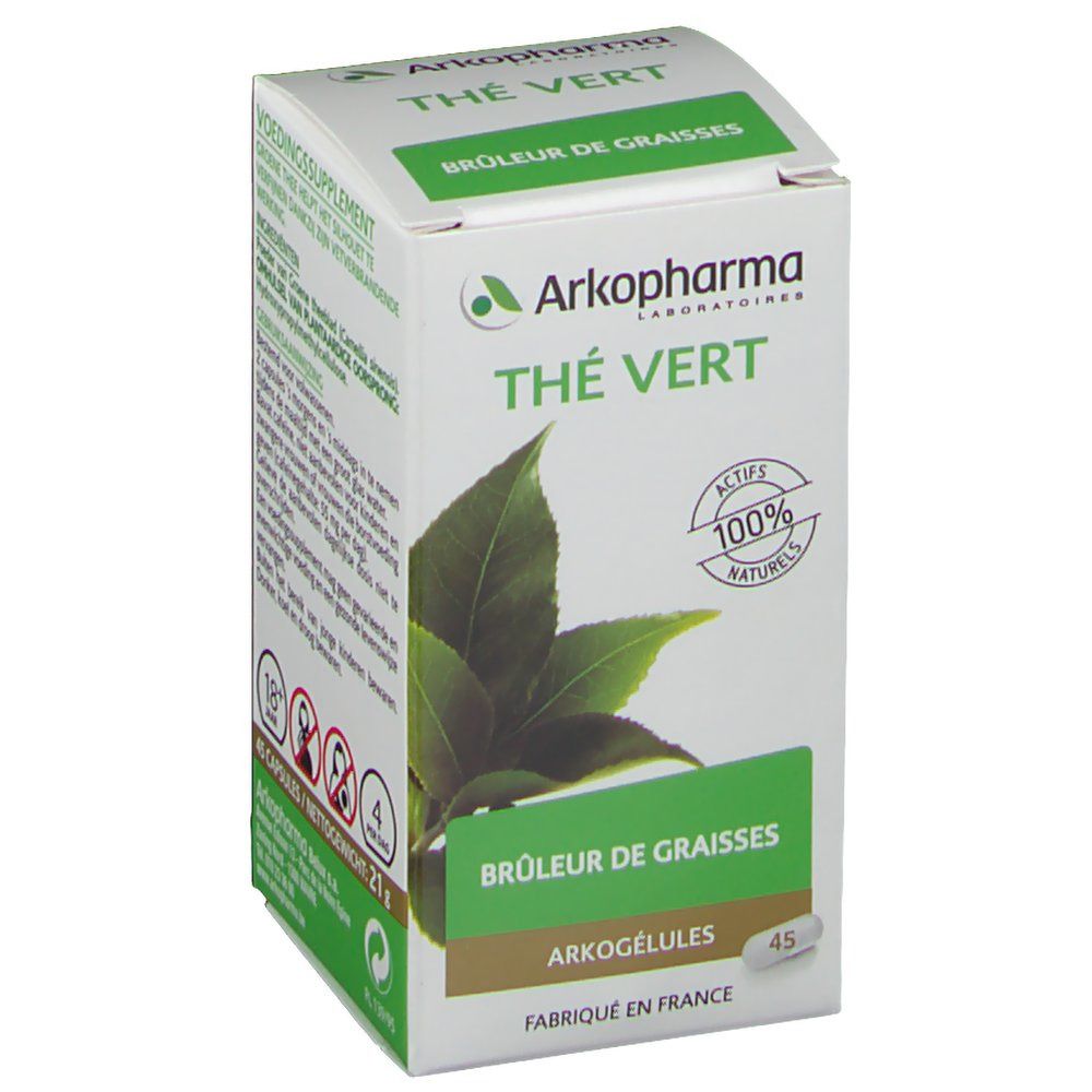 Boîte Arkogelules Thé Vert, verte et blanche. Feuilles de thé et texte. Contient 45 gélules.