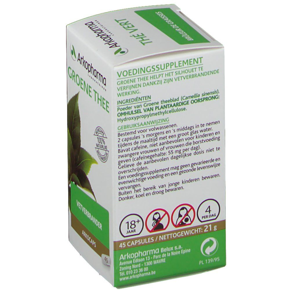 Dos de la boîte Arkogelules Thé Vert. Texte en néerlandais. Ingrédients et conseils d'utilisation.