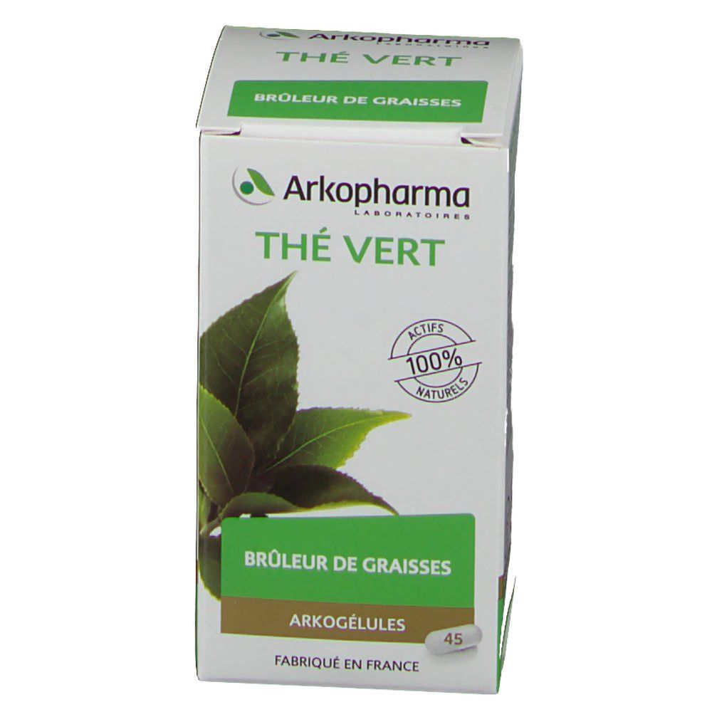 Boîte Arkogelules Thé Vert, verte et blanche. Feuilles de thé et texte. Contient 45 gélules.