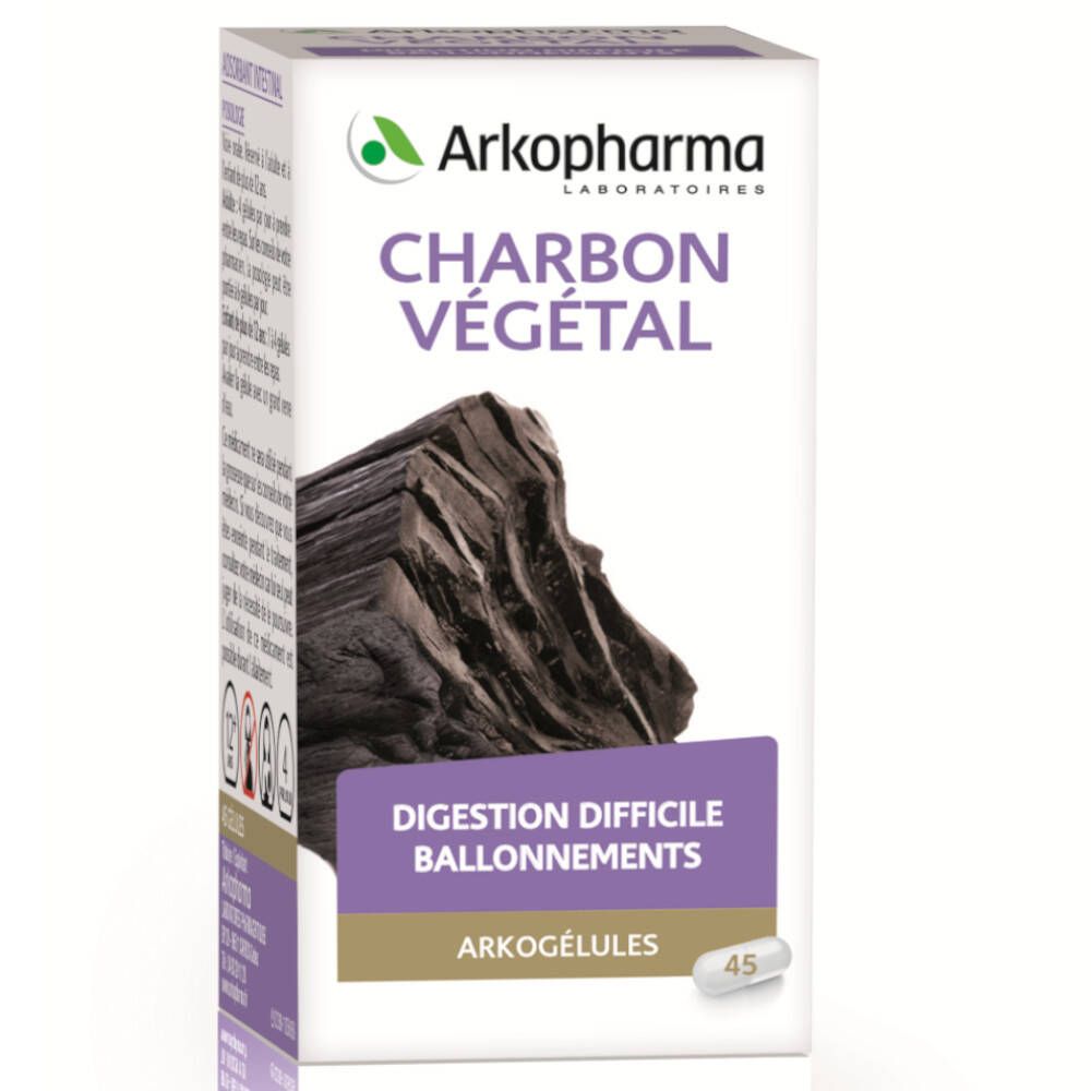 Boîte en carton avec nom du produit et image de charbon. Texte: Digestion difficile, ballonements, Arkogélules. 45 gélules.