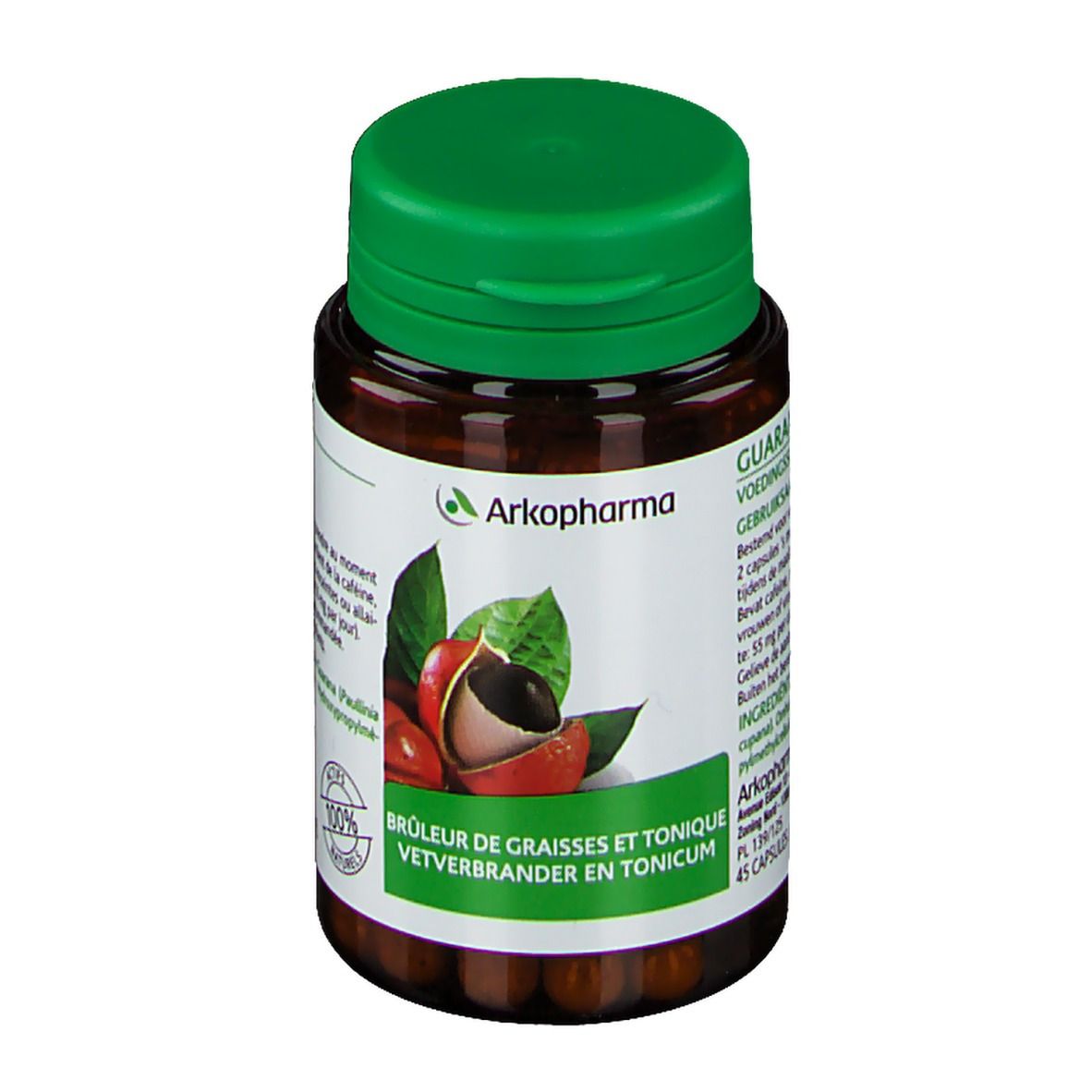 Flacon de gélules brunes avec bouchon vert. Inscription Arkopharma, Guarana. Illustration du fruit de guarana.
