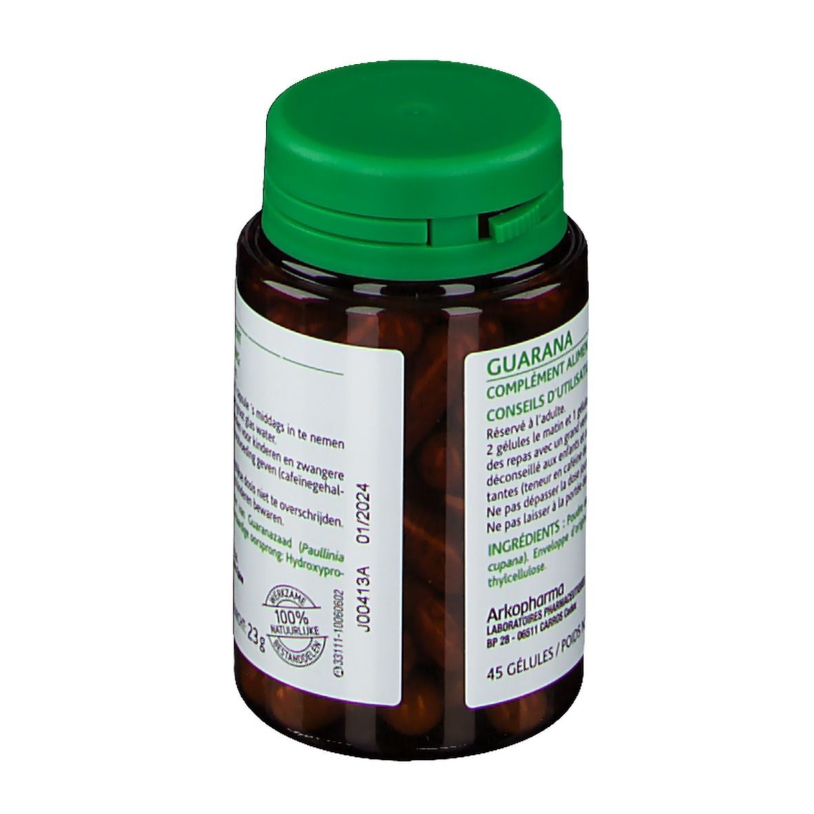 Dos du flacon de gélules brunes avec bouchon vert. Inscription Guarana, 45 gélules. Date de péremption 01/2024.