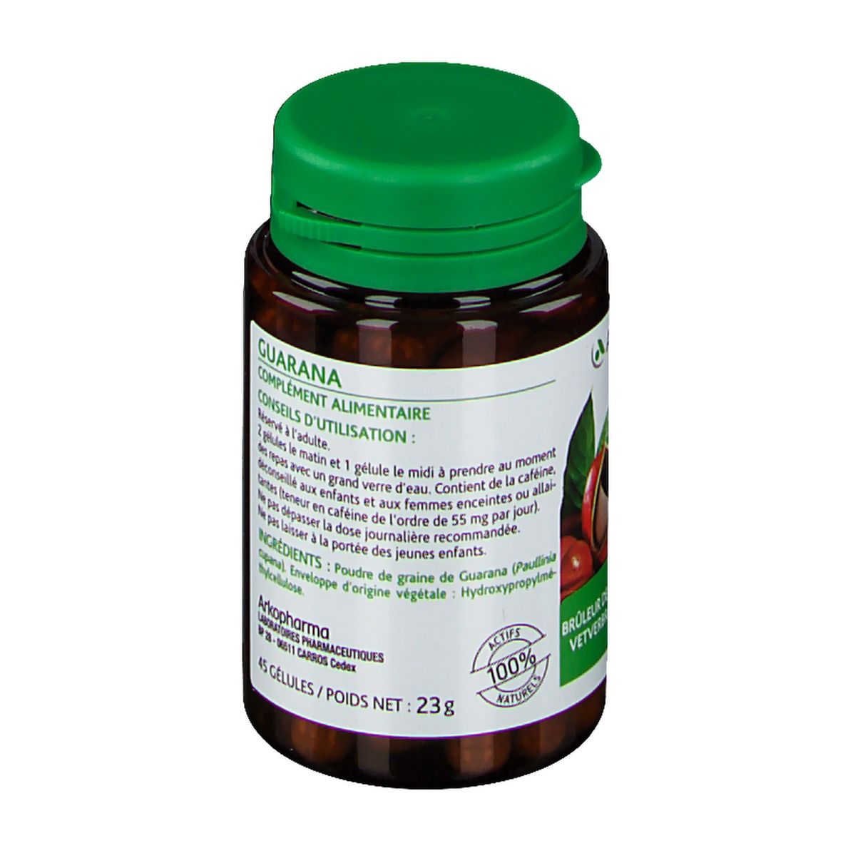 Dos du flacon de gélules brunes avec bouchon vert. Inscription Guarana, 45 gélules. Liste des ingrédients et mode d'emploi.
