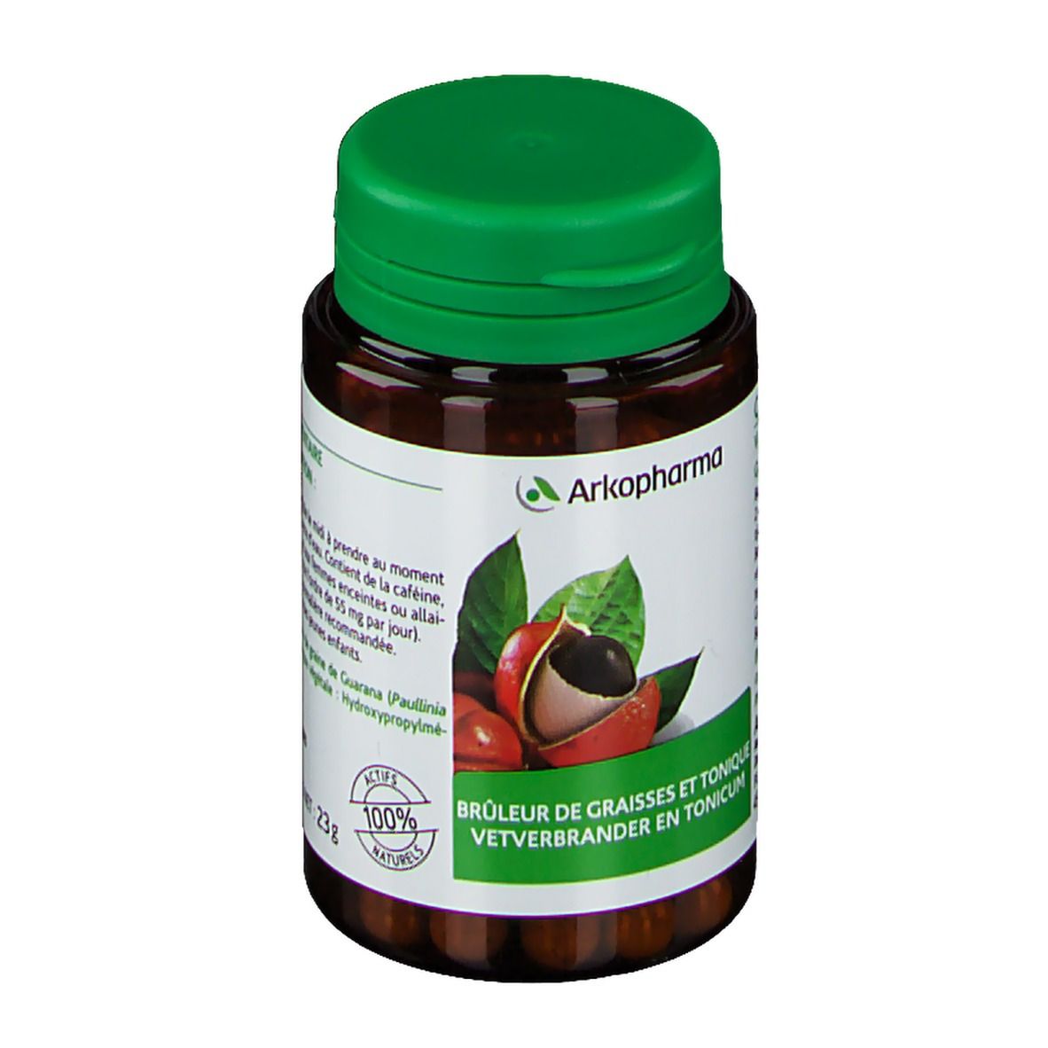 Flacon de gélules brunes avec bouchon vert. Inscription Arkopharma, Guarana. Illustration du fruit de guarana.