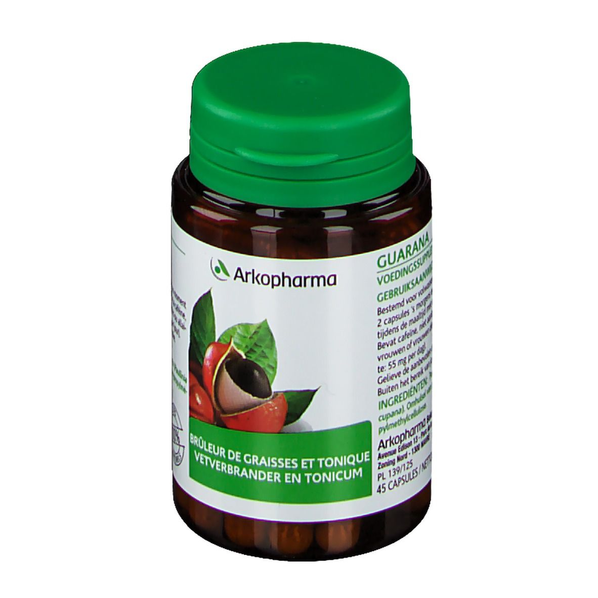 Flacon de gélules brunes avec bouchon vert. Inscription Arkopharma, Guarana. Illustration du fruit de guarana.