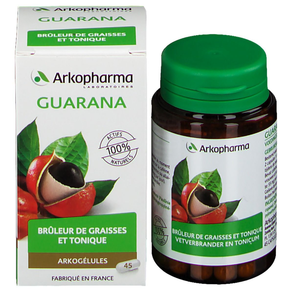 Emballage du produit avec flacon et boîte. Inscription Arkopharma, Guarana, 45 gélules. Illustration du fruit de guarana.