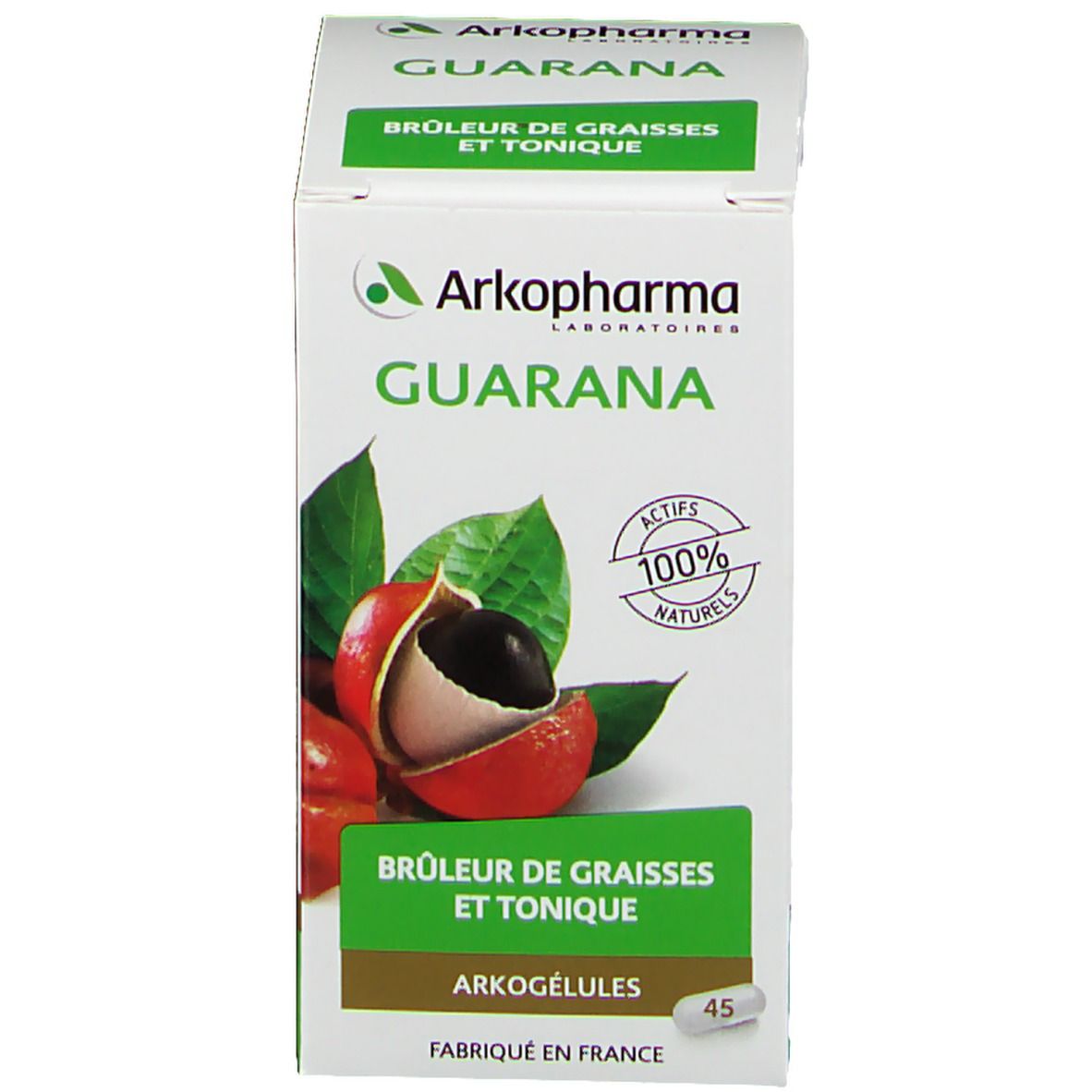 Emballage du produit avec boîte. Inscription Arkopharma, Guarana, 45 gélules. Illustration du fruit de guarana.
