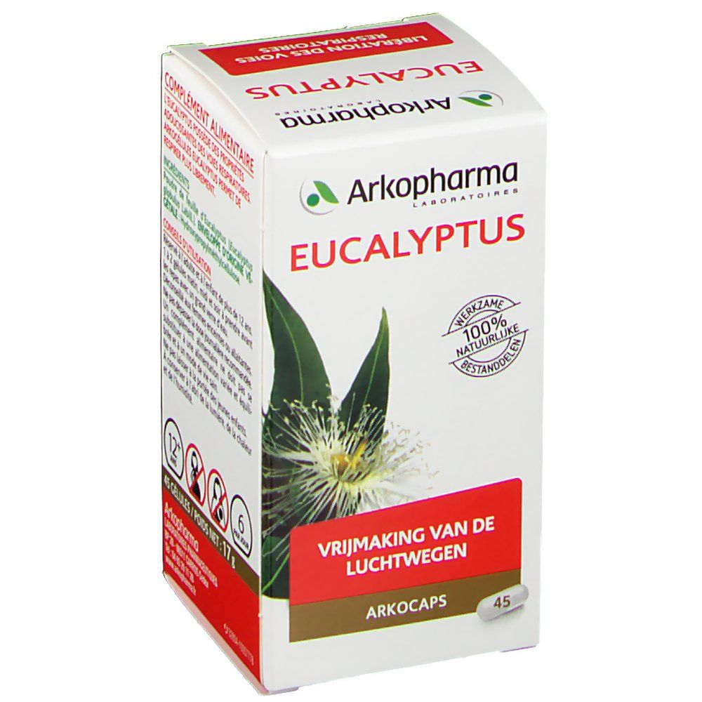 Boîte Arkopharma Eucalyptus. Inscription "Libération des voies respiratoires". 45 gélules. Logo et mentions.