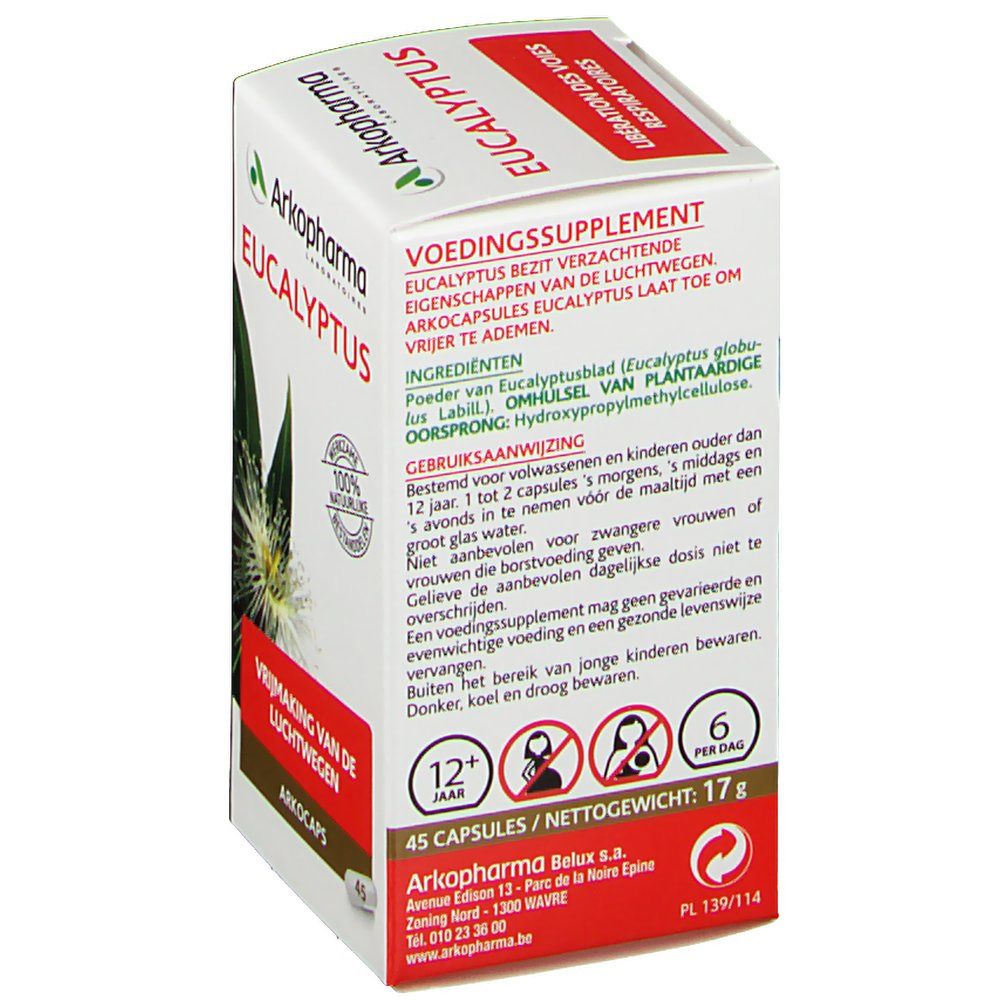 Dos de la boîte. Ingrédients, instructions d'utilisation. 45 gélules. Arkopharma Eucalyptus.