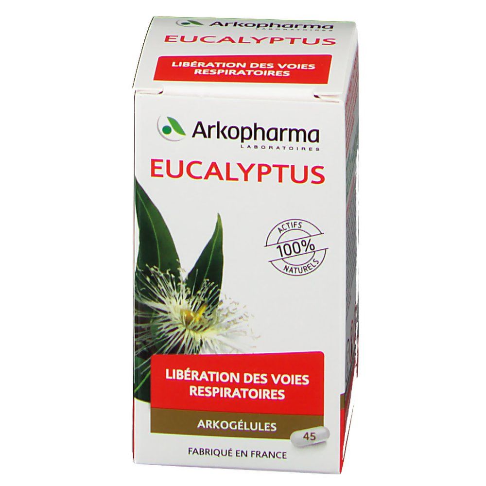 Boîte Arkopharma Eucalyptus. Inscription "Libération des voies respiratoires". 45 gélules. Logo et mentions.