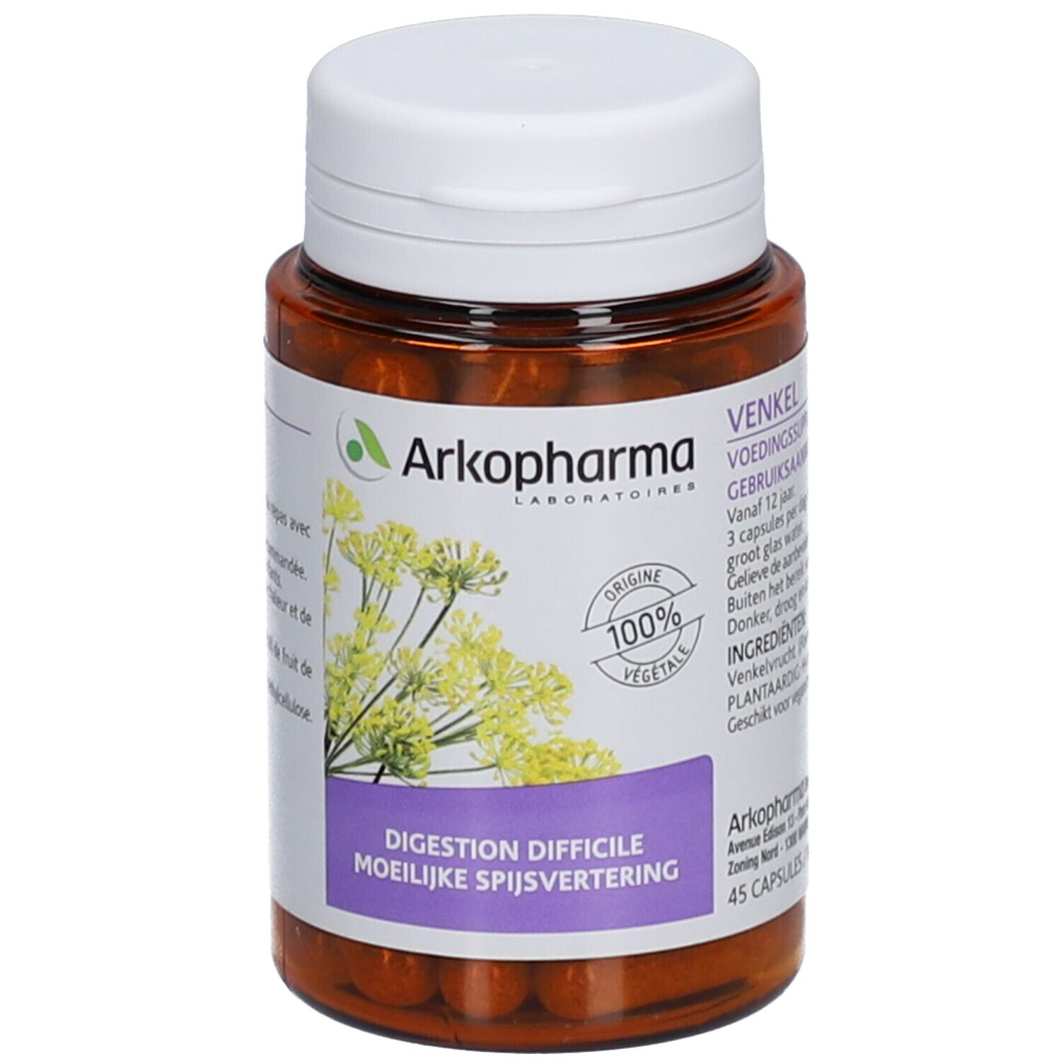 Flacon marron avec bouchon blanc. Inscription: Arkopharma, 100% végétal, Digestion difficile. 45 gélules.