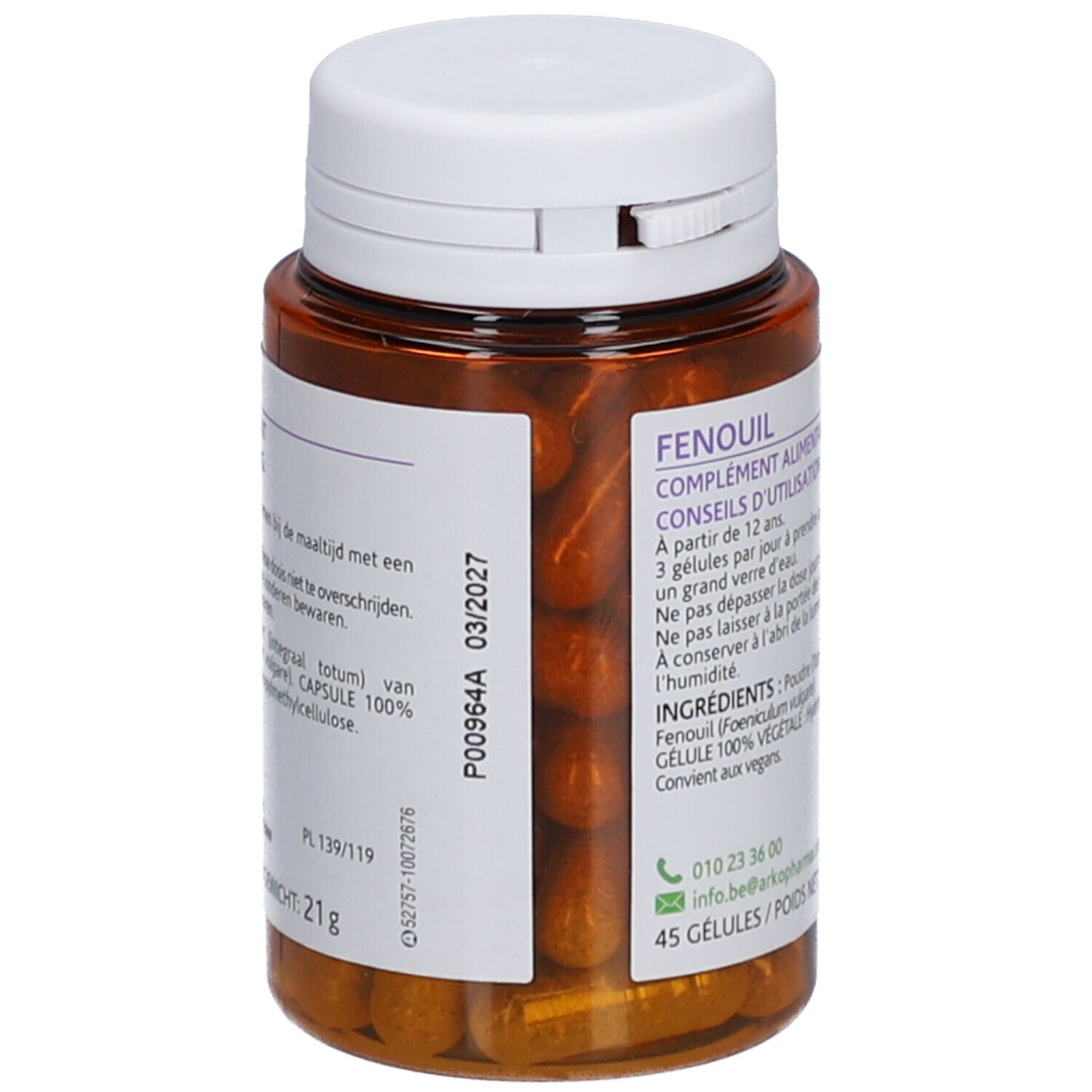 Flacon marron avec bouchon blanc. Inscription: FENOUIL, complément alimentaire. 45 gélules, 21g. Expiration 03/2027.