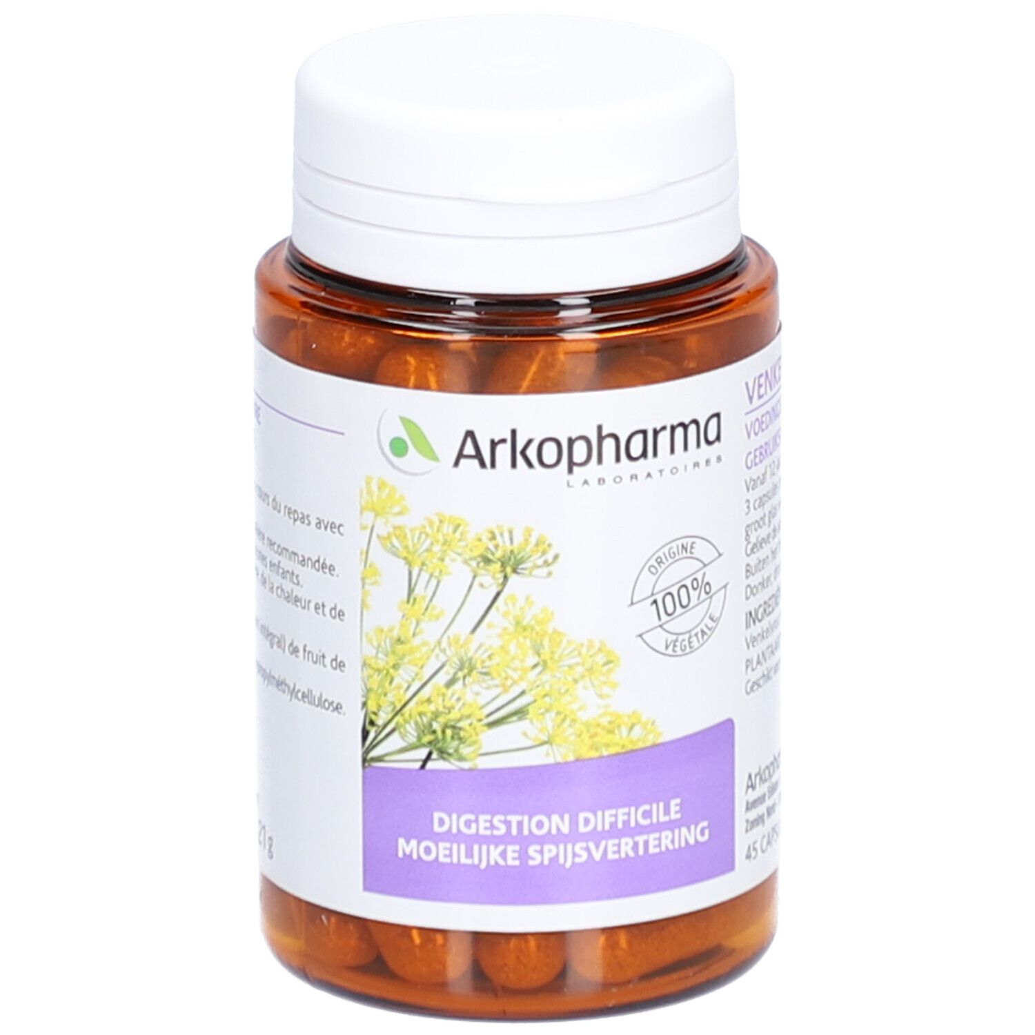 Flacon marron avec bouchon blanc. Inscription: Arkopharma, 100% végétal, Digestion difficile. 45 gélules.